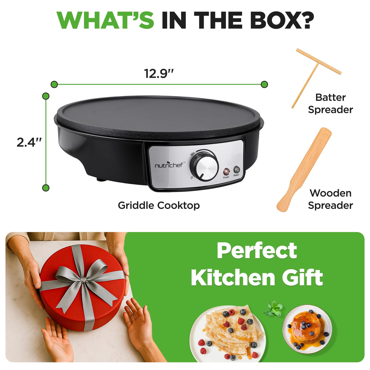 Nutrichef Electric Crepe Maker & Griddle Cooktop - Nonstick 12 Inch Aluminum Hot Plate with LED Indicator Lights & Adjustable Temperature Control - Wooden Spatula & Batter Spreader Included