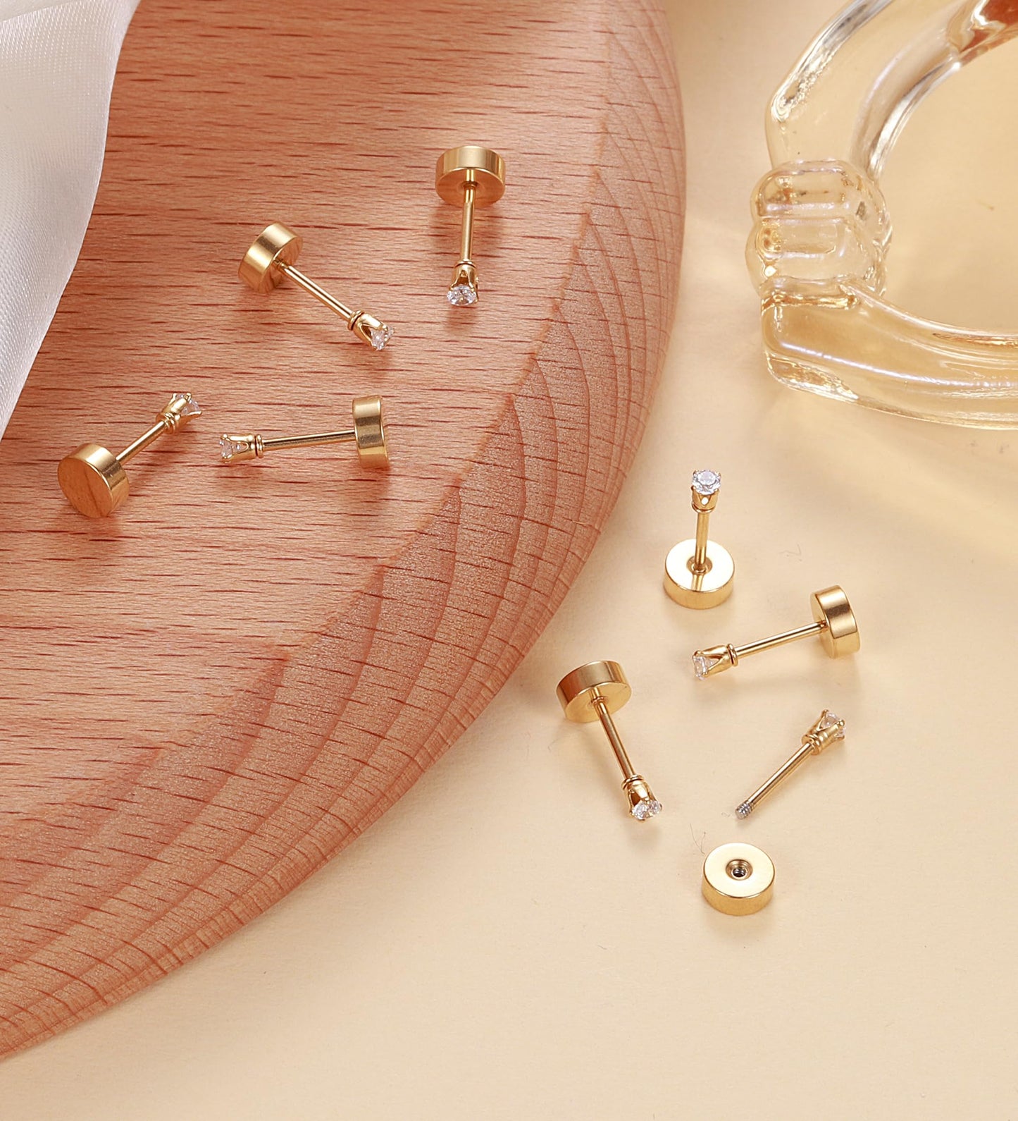 TUPMI 4Pairs 2MM Flatback Stud Earrings for Women Girls Tiny CZ Stud Earring Stainless Steel Hypoallergenic Handmade Screw Back Earrings Set