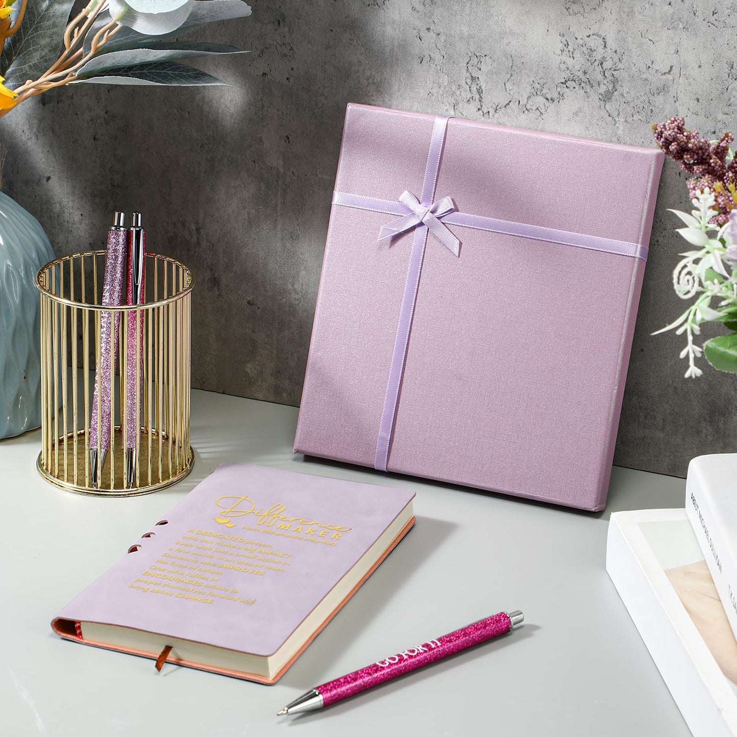 Thenshop 5 Pcs Employee Appreciation Gift Journal with Pen Difference Maker Inspirational Leather Notebook 3 Ballpoint Pens Box Thank You Gift for Coworker Teacher Volunteer Social Worker(Purple)