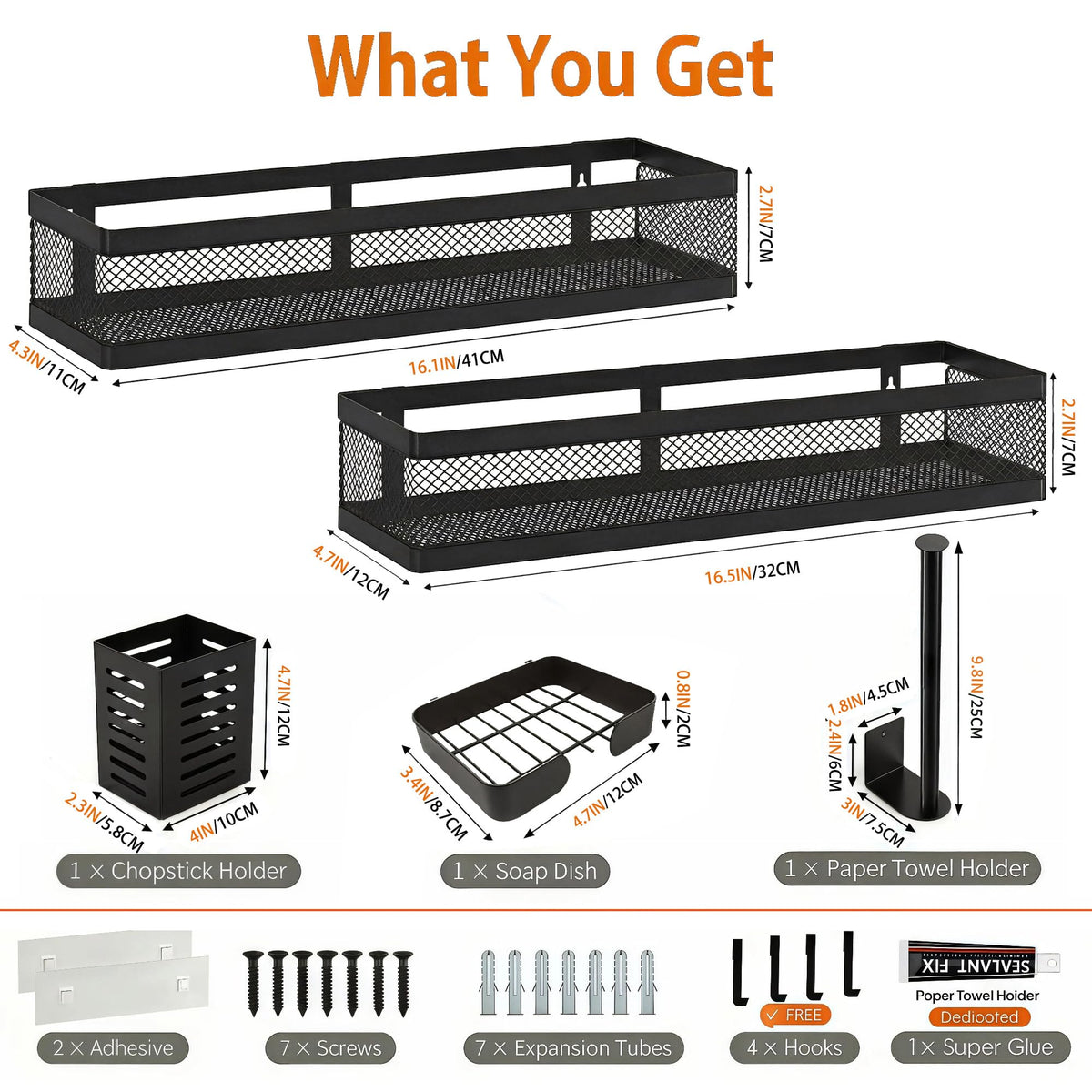 5-in-1 16.5" Extra Long Slim Wall Mount Wrapped Mesh Kitchen Organizer & Shower Caddy Kit, with Paper Towel Holder, Utensil Holder, Soap Dish, Holds 50LBS - Matte Black, Netting