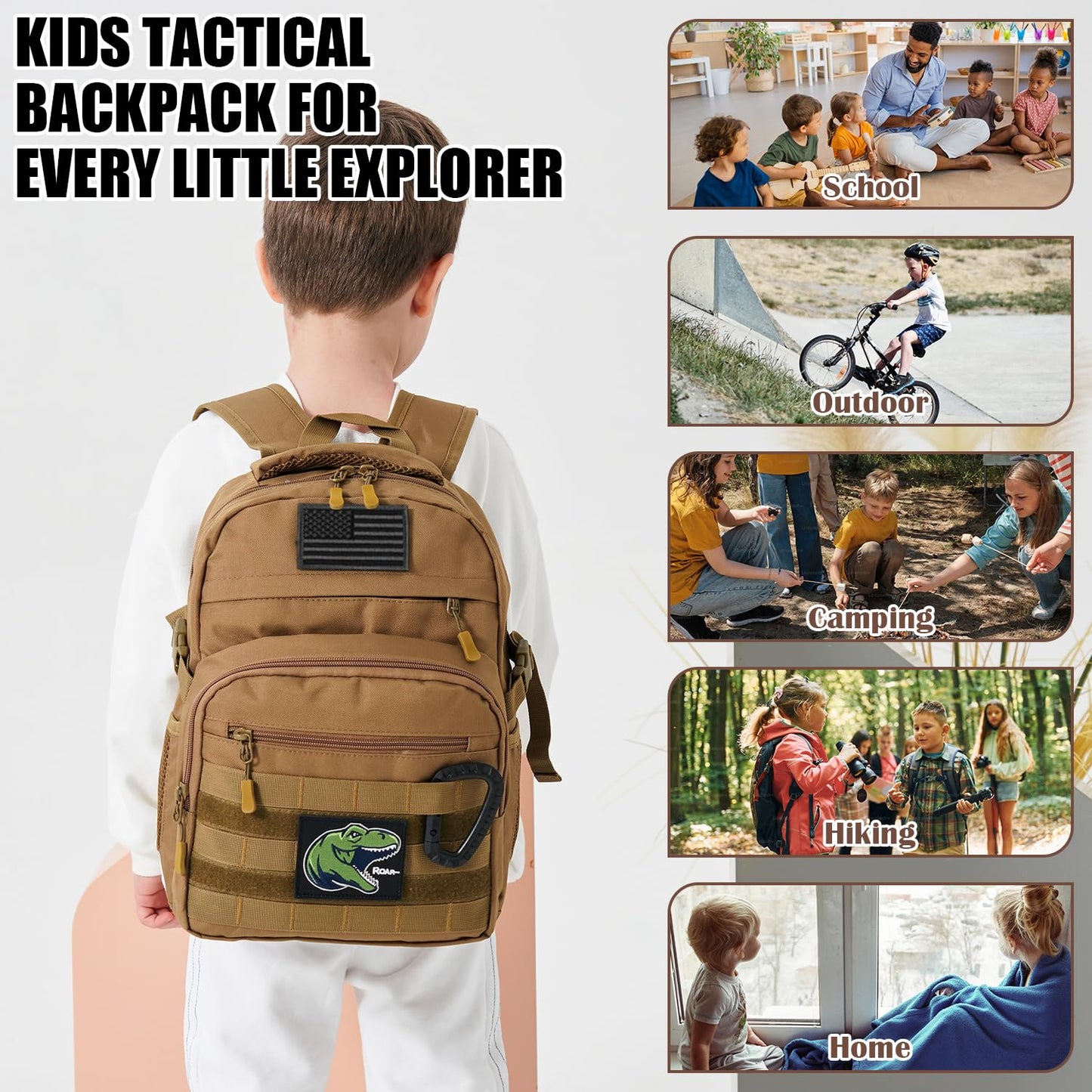 SunForMorning Kids Tactical Backpack Army Molle Bookbag Military Boys Backpack for School, Outdoor, Camping (Includes 2 Patches +1 Carabiner), Brown