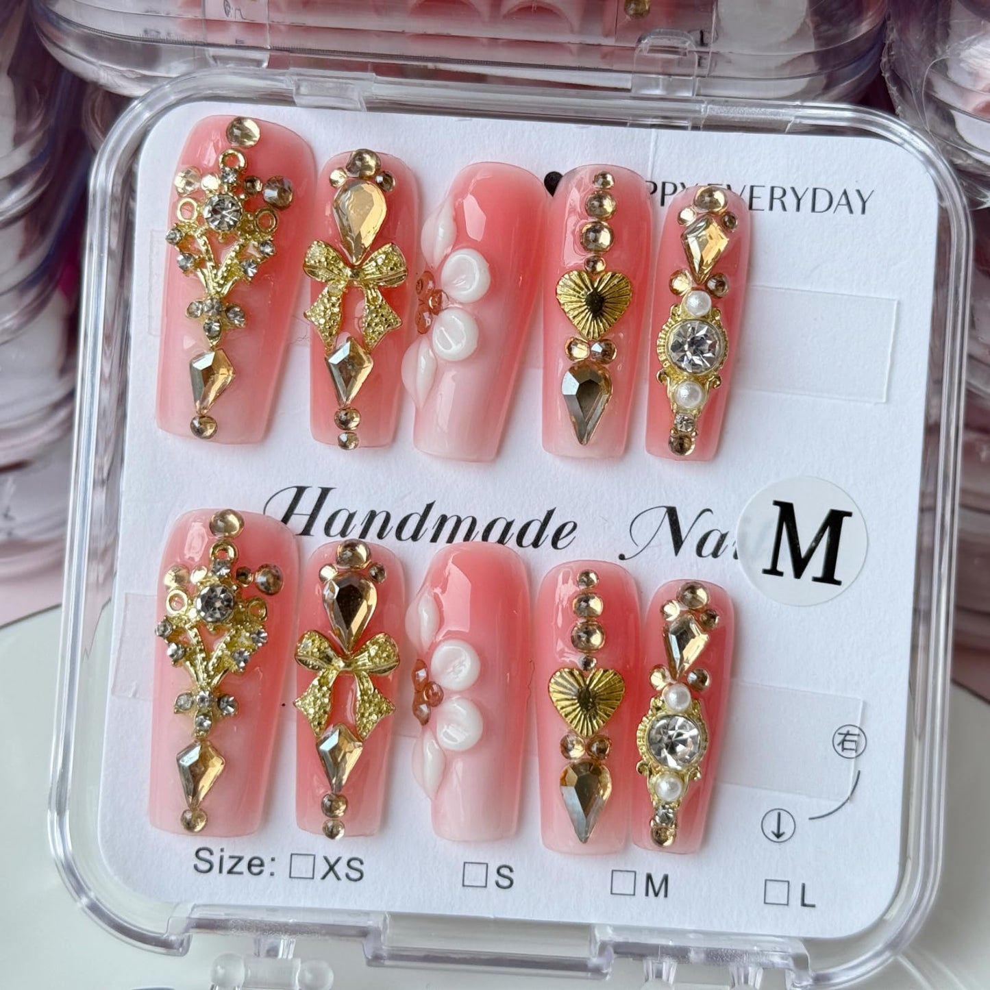Haozerart Luxury Handmade Press on Nails Long Square Pink Fake Nails with Gold Rhinestones Reusable False Nails Kit for Women Daily Party Use 10Pcs M Size