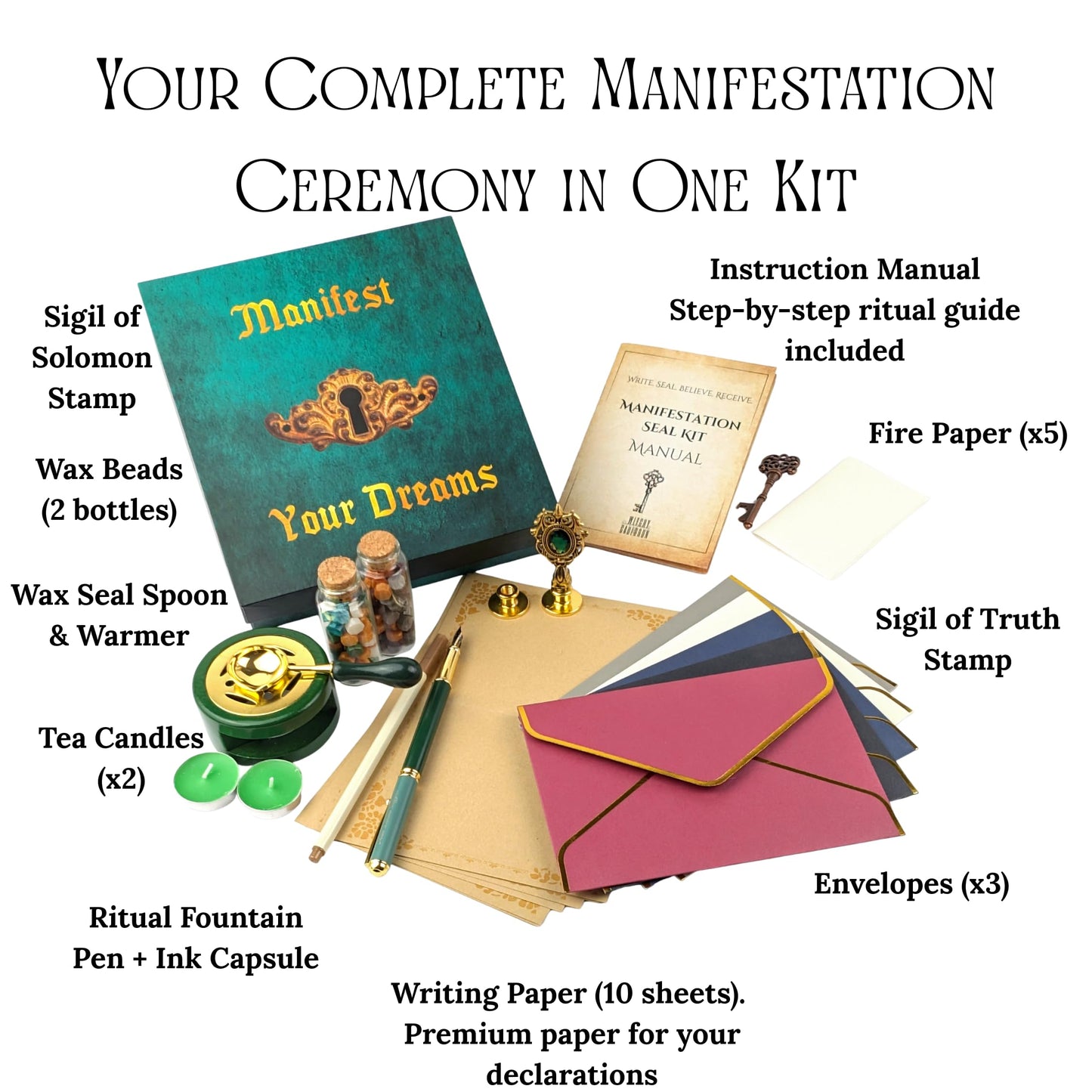 Manifestation Kit with Fire Paper & Wax Seal Stamps – Sigil Ritual Tools for Writing, Sealing & Releasing Intentions – Spiritual Self Care Gift for Manifestation – Witchy Cauldron Manifest Dreams Seal