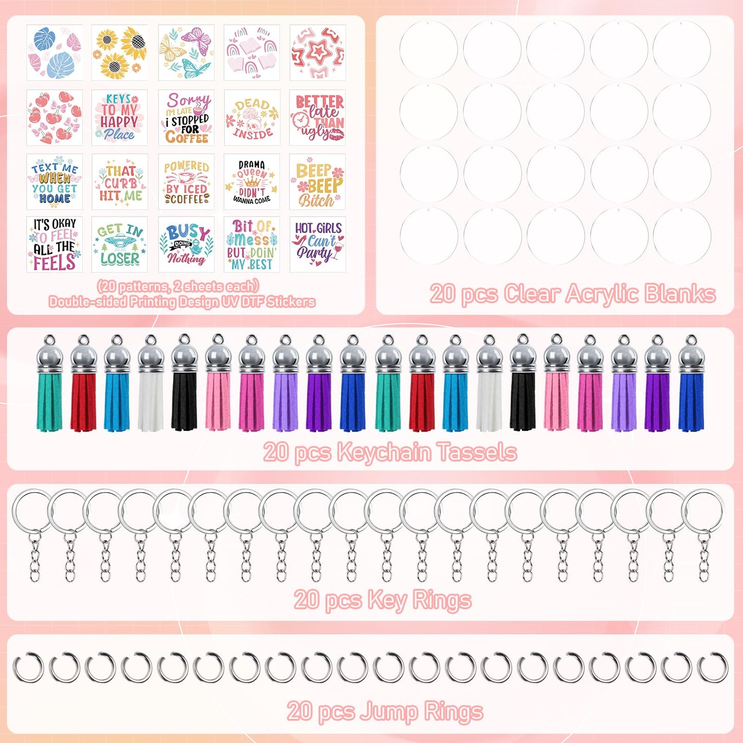 Shejdgart Acrylic Keychain Blanks Kit - 60 Pcs Clear Acrylic Blanks Set with 40 Sheet Double-Sided Printing Funny Humorous Quotes Cold UV DTF Transfer Stickers Tassels, DIY Keychain Crafts Gift