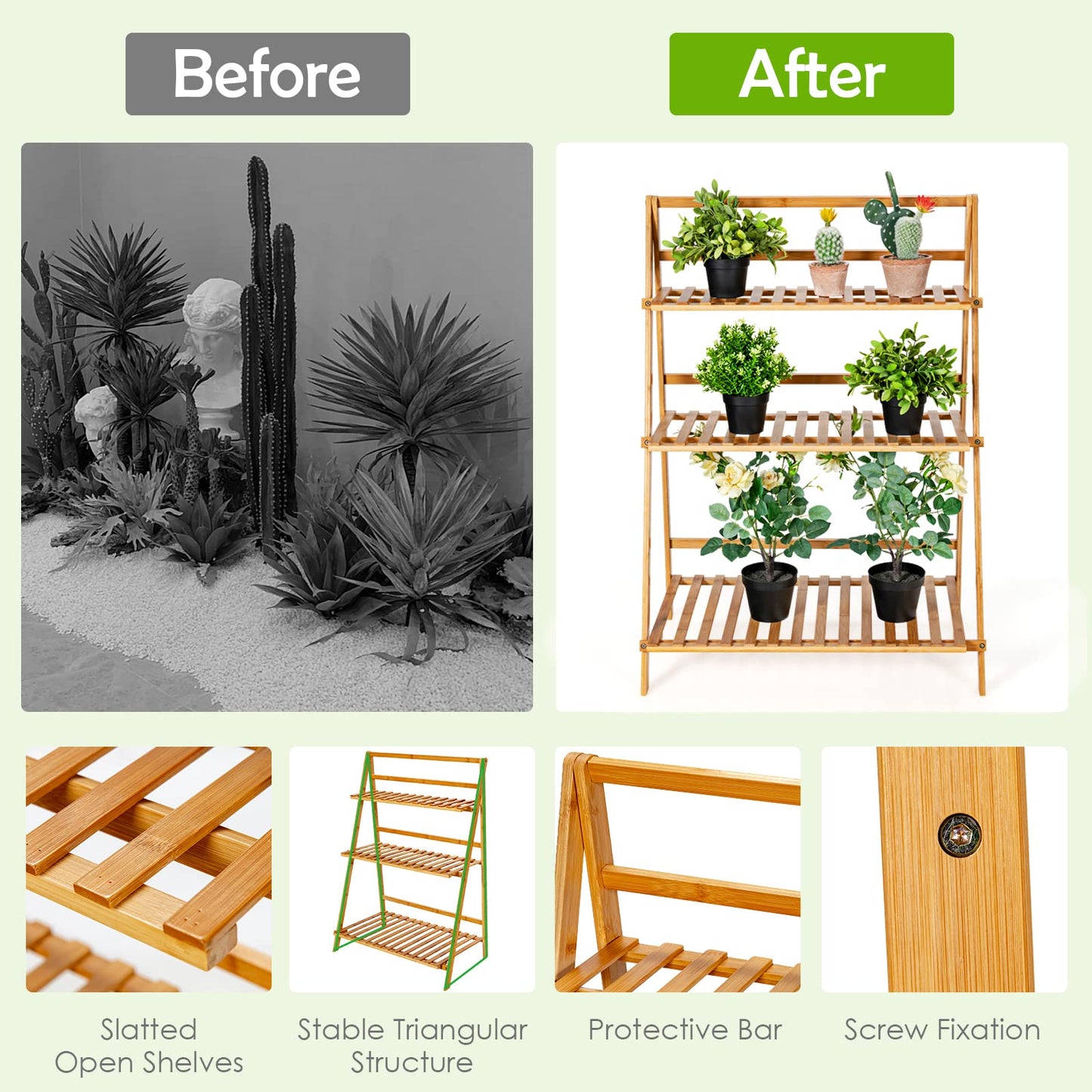 Giantex 3 Tier Folding Storage Shelf, Bamboo Ladder Plant Stand, Multiple Flower Pot Holder Succulent Display Rack, Foldable Shelving Unit for Balcony Garden Living Room Indoor Outdoor