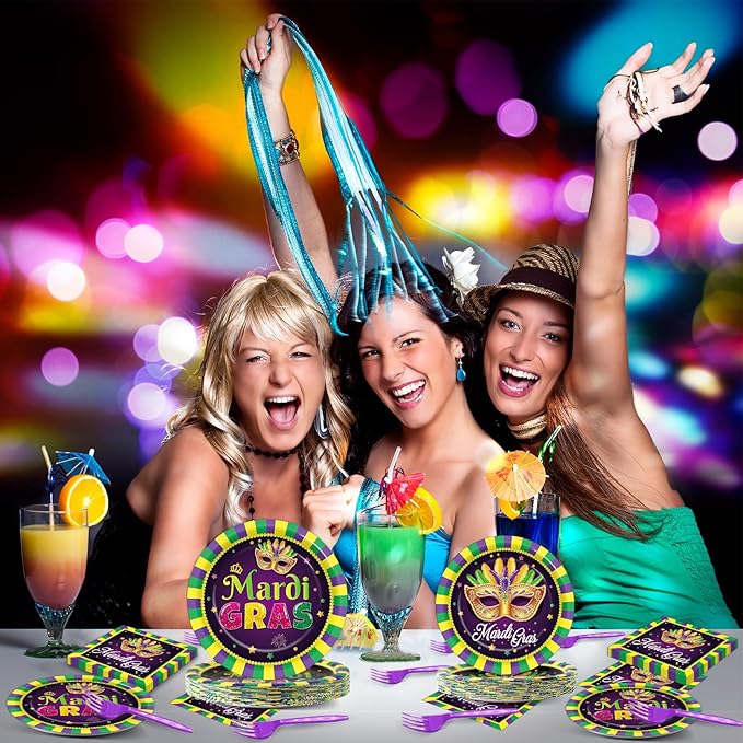 96Pcs Mardi Gras Party Supplies Mardi Gras Paper Plates Napkins Forks Colorful Mardi Gras Decorations Dinnerware Disposable Party Favors Mardi Gras Party Decorations for Party Tableware Serves 24