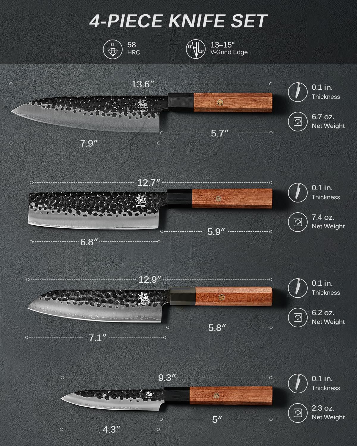 KYOKU 4pc Knife Set, Kage Series Japanese Kitchen Knife Set with Chef Utility Santoku Nakiri Knife, Professional Japanese Style Knives for Chopping Slicing Mincing with Sheaths & Gift Box