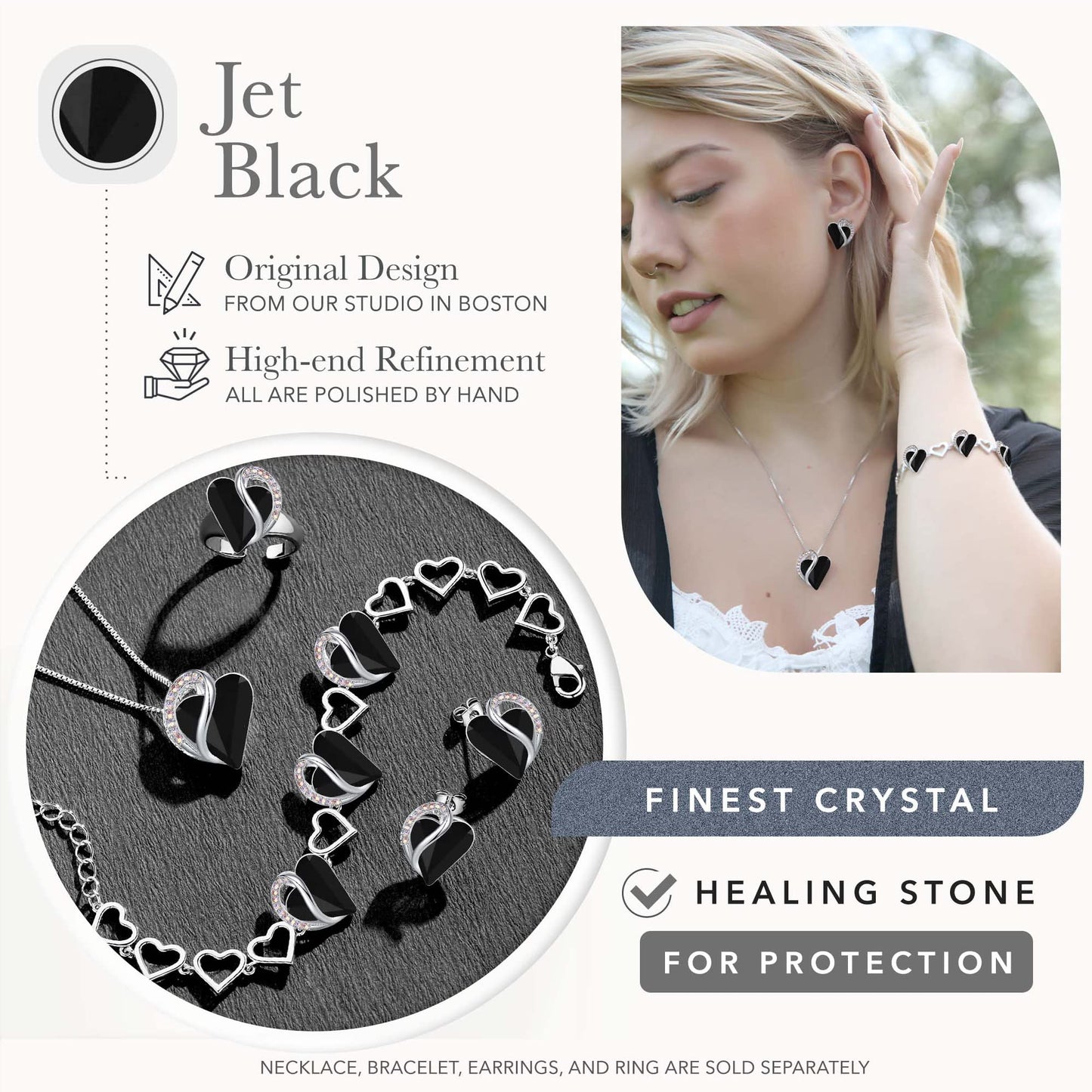 Leafael Infinity Love Heart Gift Bracelet for Women, Healing Stone for Protection, Jet Black, Silver Tone, 7-inch Chain and 2-inch Extender