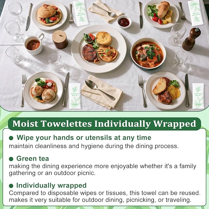 Moist Cotton Towel Bulk Moist Towelettes Individually Wrapped,White Towel Services,Refreshment Pre Moistened Towels for Dentist Travel Sport Party Hotel 50，Green tea