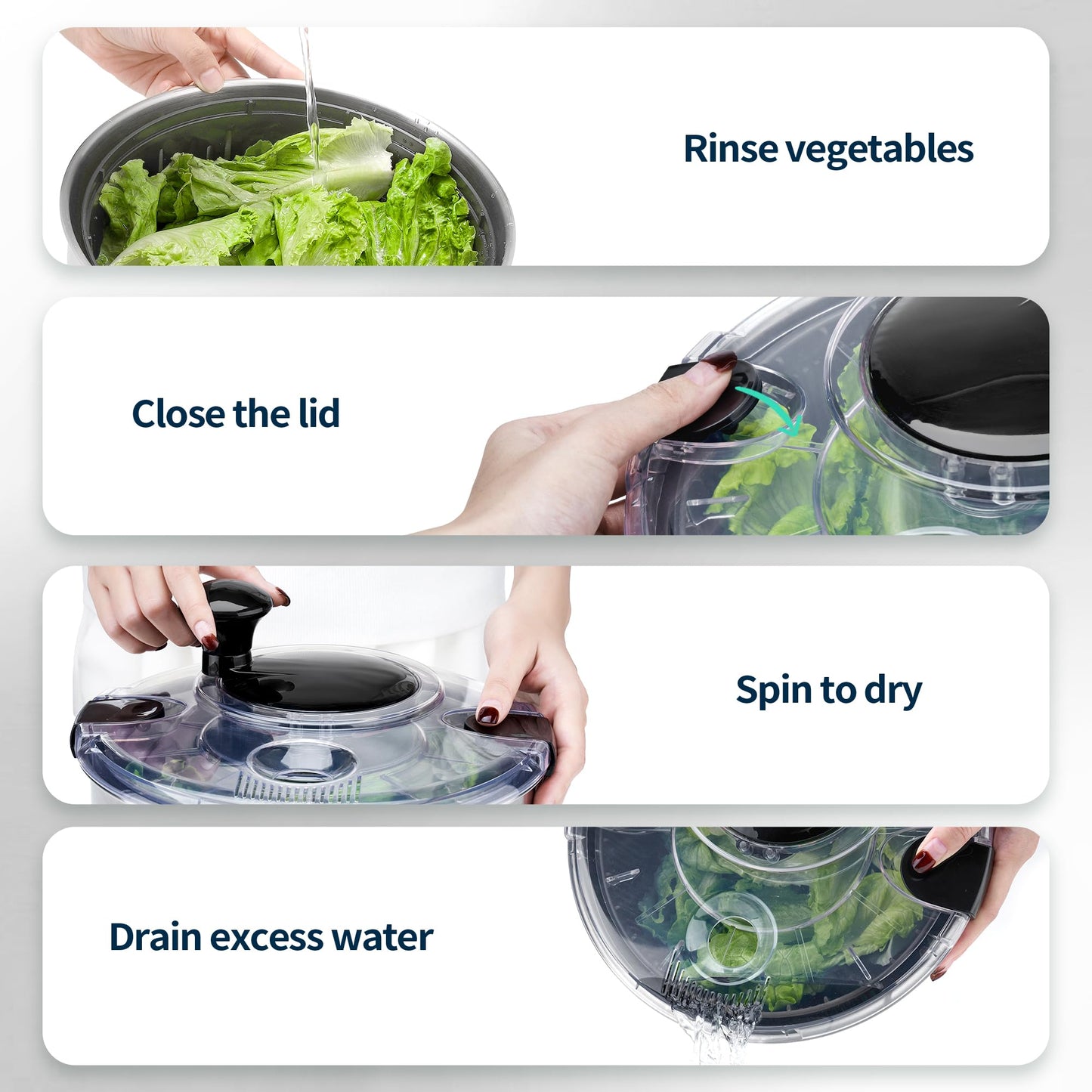 SveBake Stainless Steel Salad Spinner, 4.8 Qt Vegetable Washer, BPA-Free Lettuce Dryer with Crank Design, Dishwasher Safe, Non-Slip Base - Transparent Lid