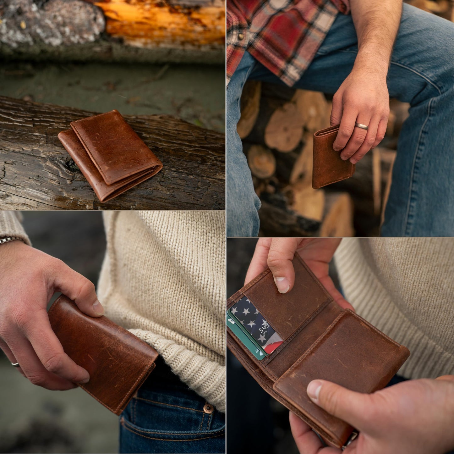BULL GUARD Leather Trifold Wallets For Men In Grizzly Brown with ID and RFID Blocking Great For Work, Sports, Outdoors, No Logo Design