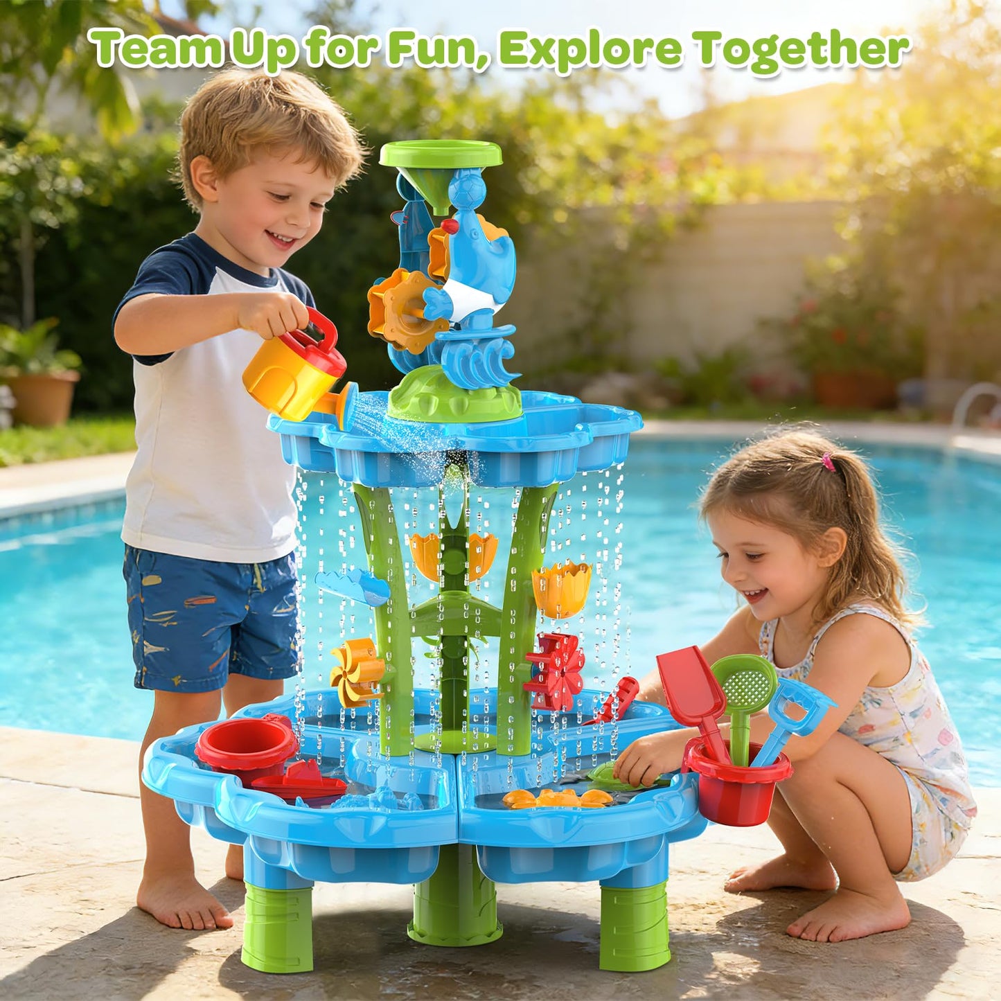JSDOOGOO 3-Tier Kids Toddlers Water Sand Table - Multifunctional Summer Outdoor Toys with Stable Design,Sensory Learning Backyard Poolside Beach Activity Playset Gift for Boys Girls(Azure)