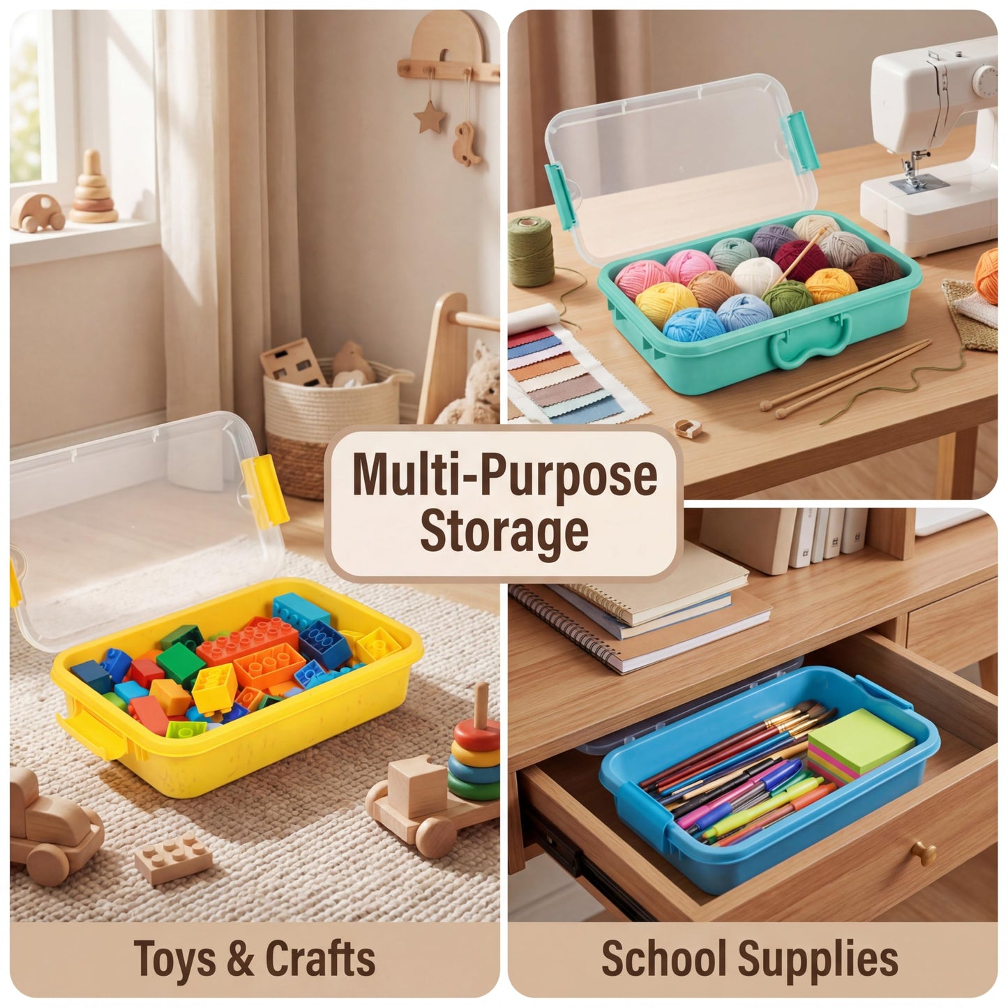 Carolart 3 Pack, Empty Sensory Bin, Wheat Straw Material，13.5 Inch Storage Container, Portable Plastic Storage Bins, Stackable Play Tray for toys,arts,crafts and sand.