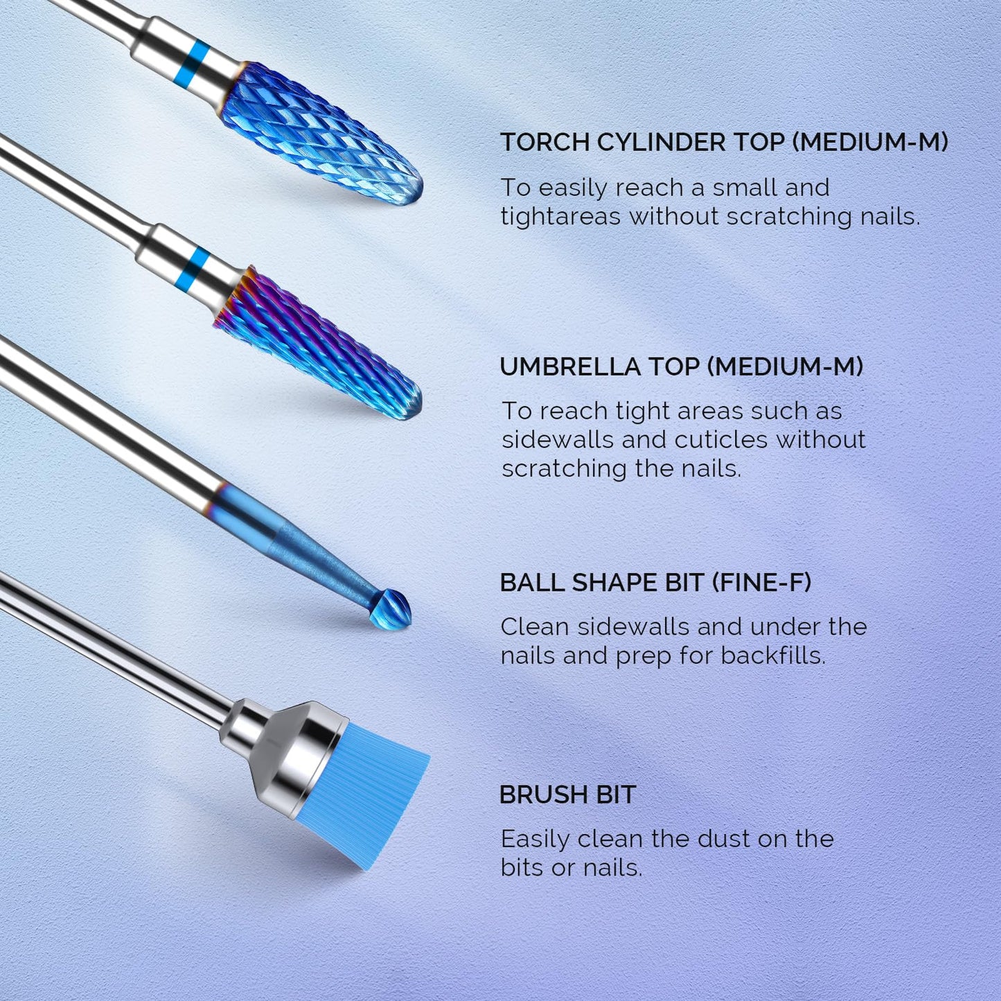 MelodySusie Nail Drill Bits 7pcs, Tungsten Carbide Drill Bits for Acrylic Gel Nail Polish Hard Gel Nail Remove, 3/32'' Nail Bits Set for Nail Drill Efile, Manicure Pedicure Salon Nail Tools, Blue