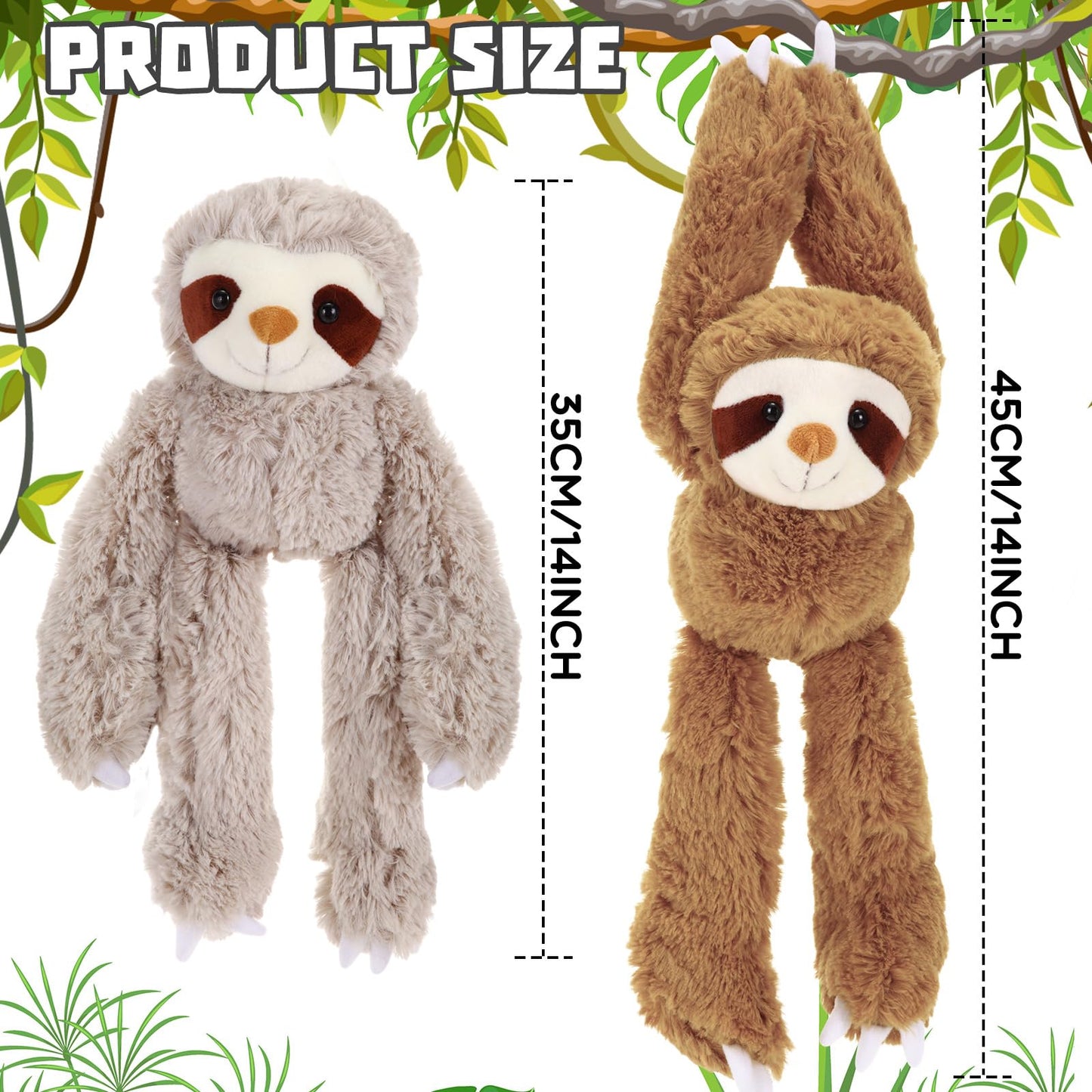 Queekay 2 Packs Sloth Stuffed Animal Hanging 18 Inch Three Toed Sloth Plush Toy with Hook and Loop Hands for Teens Adults Gifts Decors(Gray, Dark Brown)