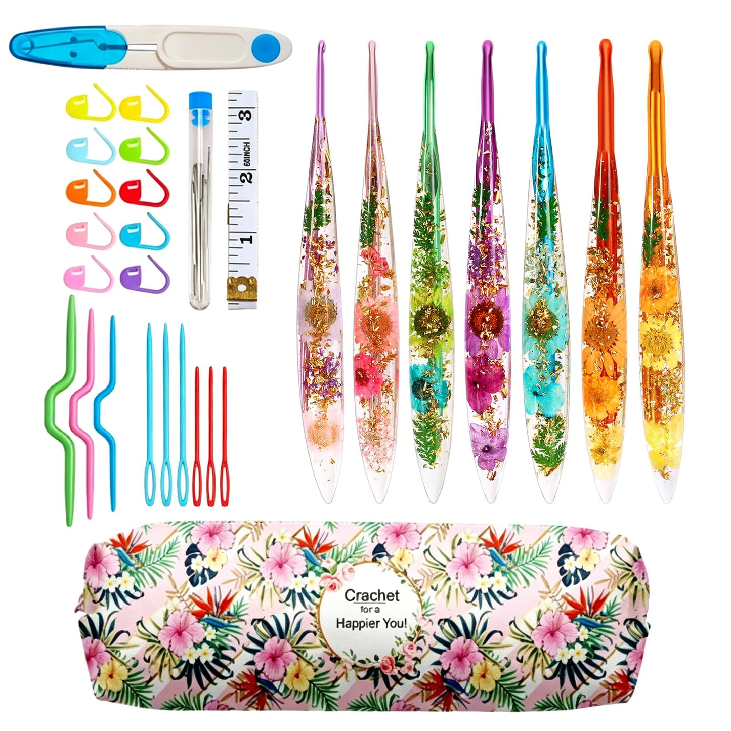 ZYNERY 6 Pcs Resin Crochet Hook Set, Ergonomic Crochet Hooks with Floral Plastic Grips, Size 3mm-6mm (3/4/4.5/5/5.5/6mm), Includes Stitch Markers & Needles for Blankets, Scarves, Hats