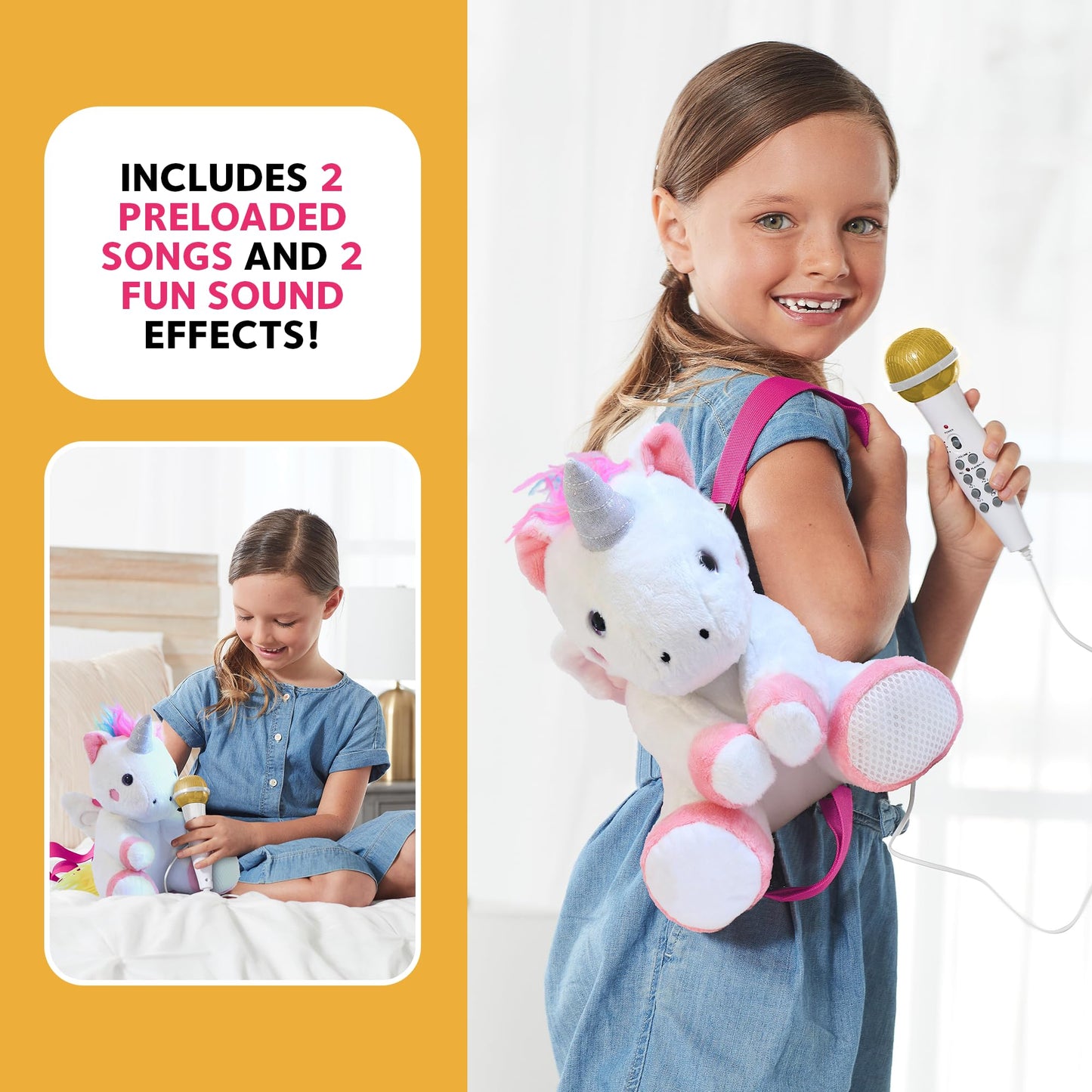 Singing Machine Portable Karaoke Machine for Kids, Plush Toy Backpack with Microphone - The Sing Along Crew, Uni Queen (White & Pink) - Built-In Karaoke Speaker with Songs, Sound Effects, & Recorder