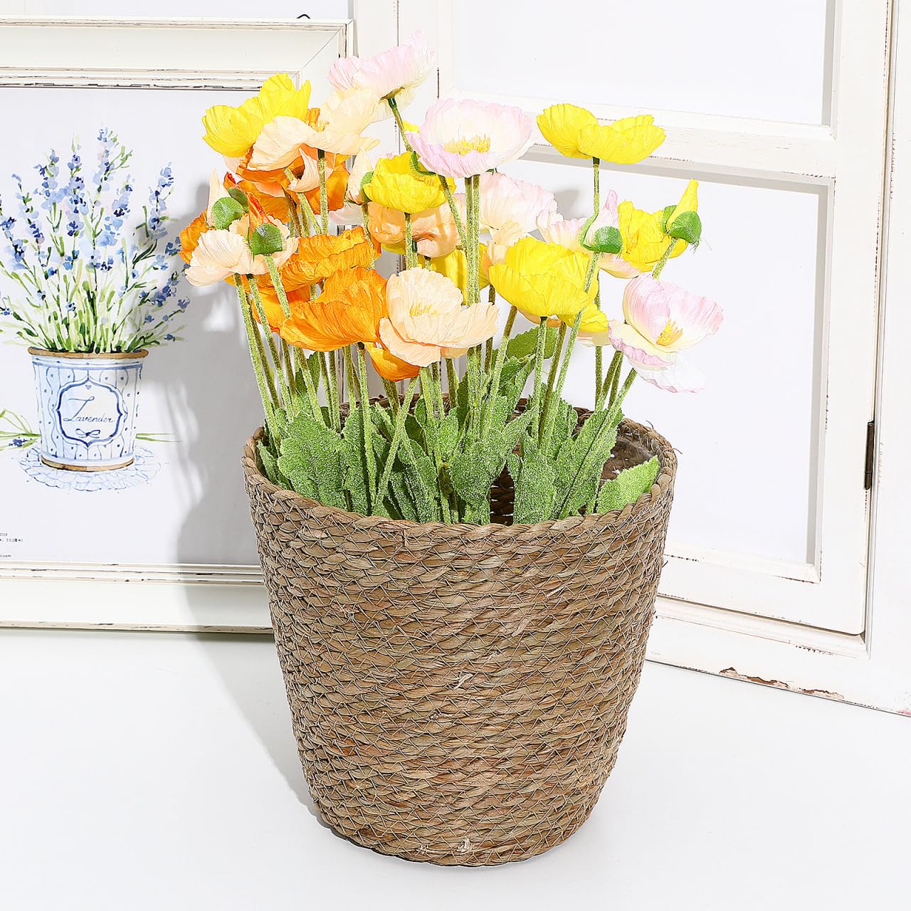 KESYOO Woven Flower Basket, Hand Woven Straw Plant Pot, Indoor Decorative Flower Pot with Liner, Light Brown, 8.66 x 8.66 x 8.26 Inch