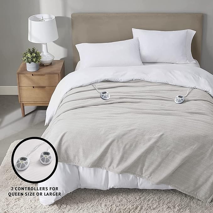 Serta Travis Fleece Ultra Soft Tri-Rib Textured Electric Blanket, Cozy and Snuggly Cover Fast Heating for Cold Weather, Auto Shut Off, Multi Heat Setting Controller, King, Pumice Stone Grey