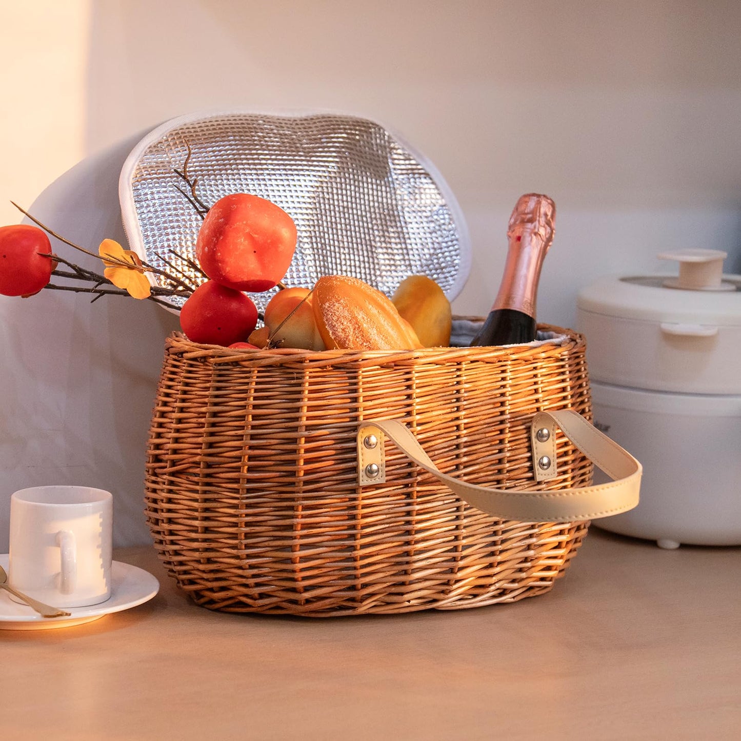 KINGWILLOW,Picnic Basket, Woven Willow Insulated Wicker Storage Basket – Zippered Canvas Lining for Food, Picnics, or home use
