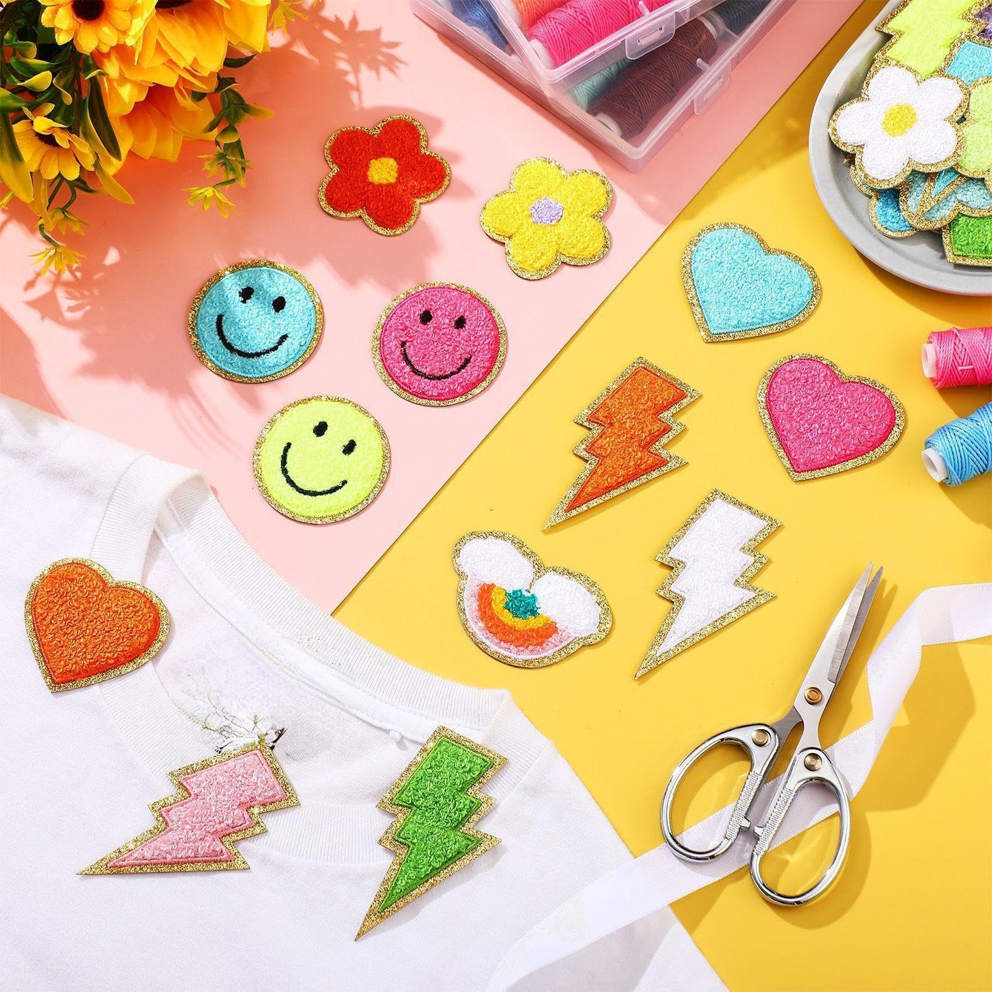 Hanaive 80 Pcs Chenille Letter Patches Self Adhesive Iron on Patch 3D Cute Embroidered Rainbow Smile Face Heart Applique Sewing Badges Patch for Fabric Clothing Jacket DIY(Assorted Rainbow,Cute)