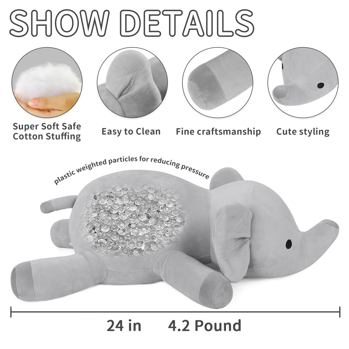 WeBingo 4.2 lbs Elephant Weighted Stuffed Animals, 24" Weighted Elephant Plush Toy Weighted Plush Animal Throws Pillows Gifts for Kids & Adults