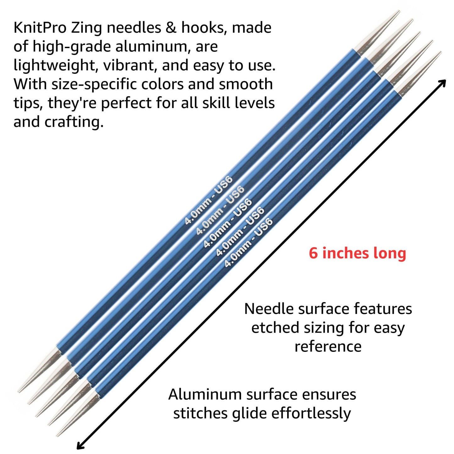 KnitPro Zing Starter Set 6 inch DPN Double Pointed Knitting Needles Size 0, 1.5, 2.5, 4, 6 with Fabric Case with Project Bag