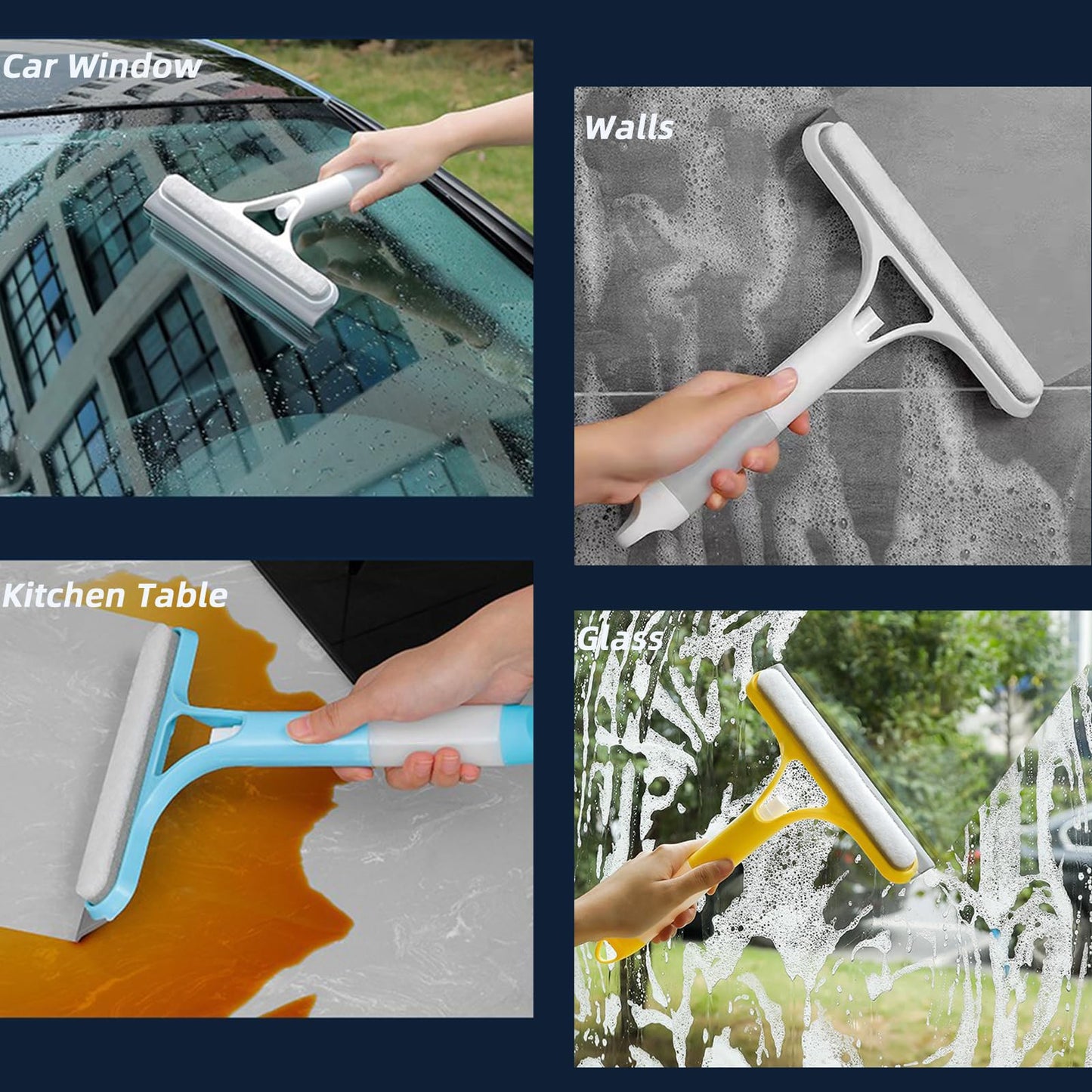 3 in 1 Window Squeegee, Cleaning Scraper with Scrubber Sponge Sprayer Clean Kit for Glass, Tile Walls, Shower Door, Car, Bathroom Cleaner (White)
