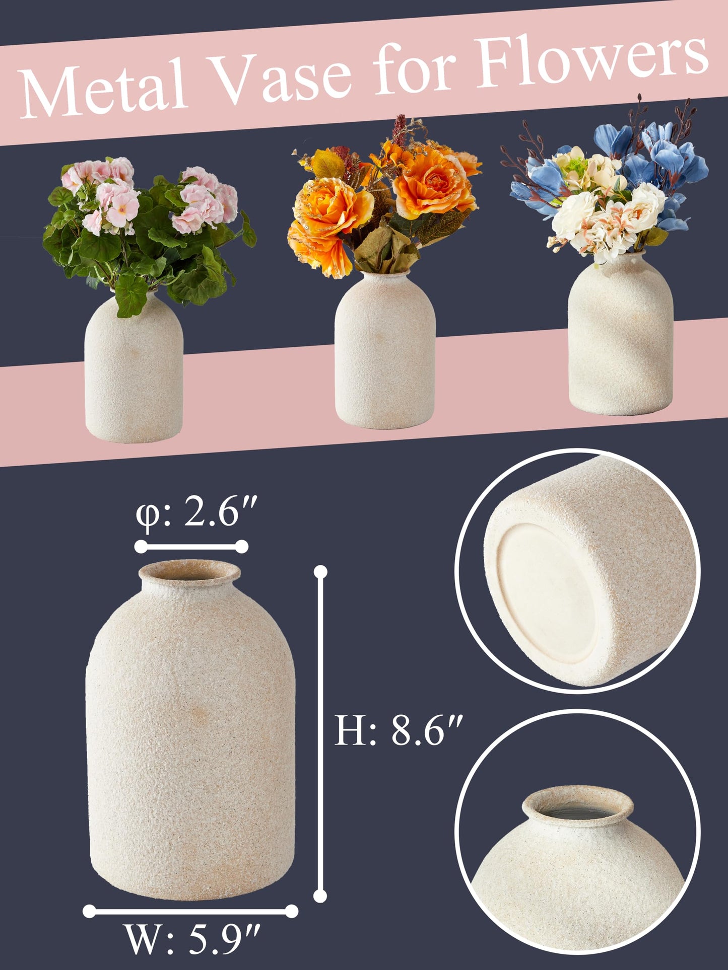 Ganwu Beige Metal Vase, Textured Speckled Beige Decorative Vase, Modern Minimalist Tall Round Vase for Living Room, Bedroom, Entryway & Table Decor
