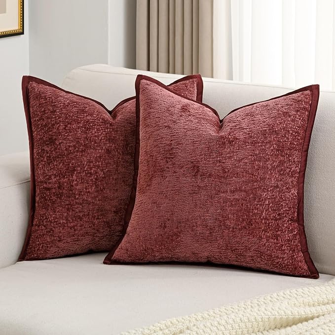 FUTEI Burgundy Chenille Throw Pillow Covers 22x22 Inch Set of 2,Soft Cozy Bound Edge Design Cushion Case,Home Decor for Couch Bed Living Room