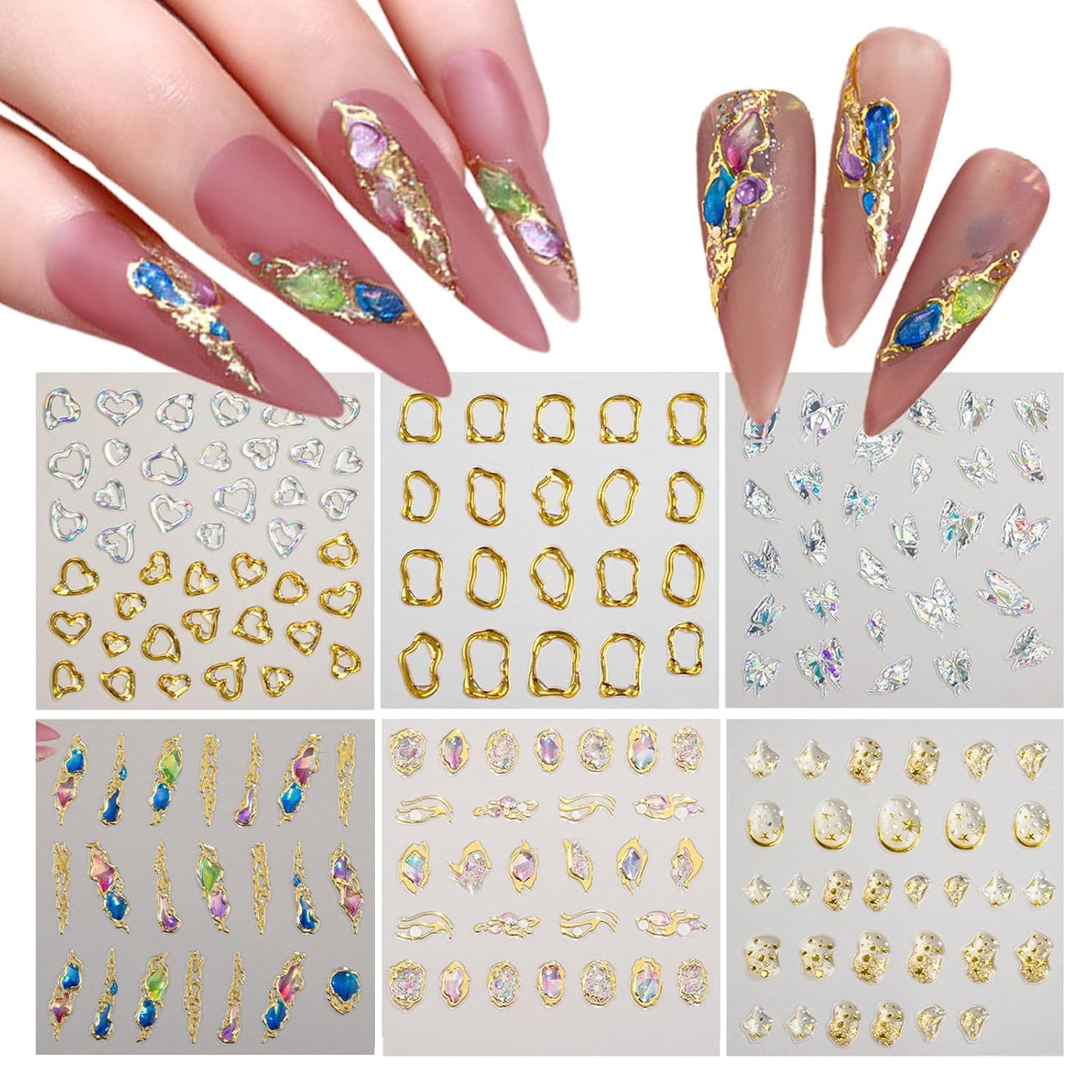 SILPECWEE 6 Sheets 5D Gold Embossed Nail Art Stickers Gem Crystal Irregular Geometric Frames Nail Stickers Designs Hollow Nail Decals Self Adhesive DIY Acrylic Nails Accessories