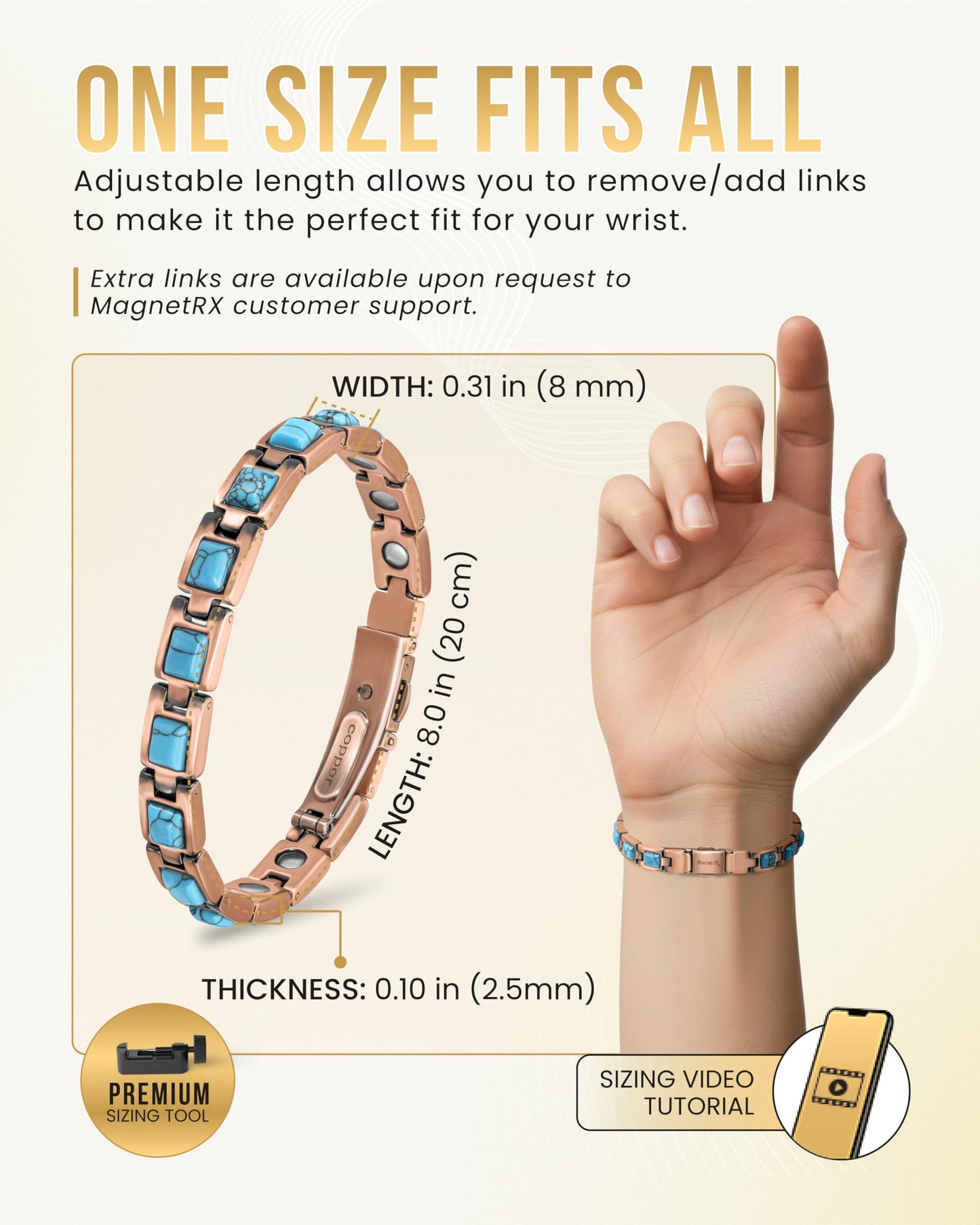 MagnetRX Pure Copper Bracelets for Women – Ultra Strength Copper Magnetic Bracelet with Turquoise Stone – Adjustable Turquoise Bracelet for Women with Sizing Tool (Classic Turquoise)
