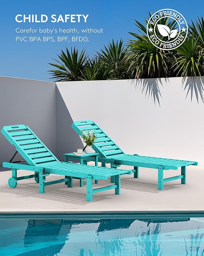 SERWALL Outdoor Chaise Lounge Set of 6, HDPE Pool Lounge Chair with 5-Position Adjustable Backrest, Patio Lounger with Rolling Wheels & Cup Holder for Pool, Aruba