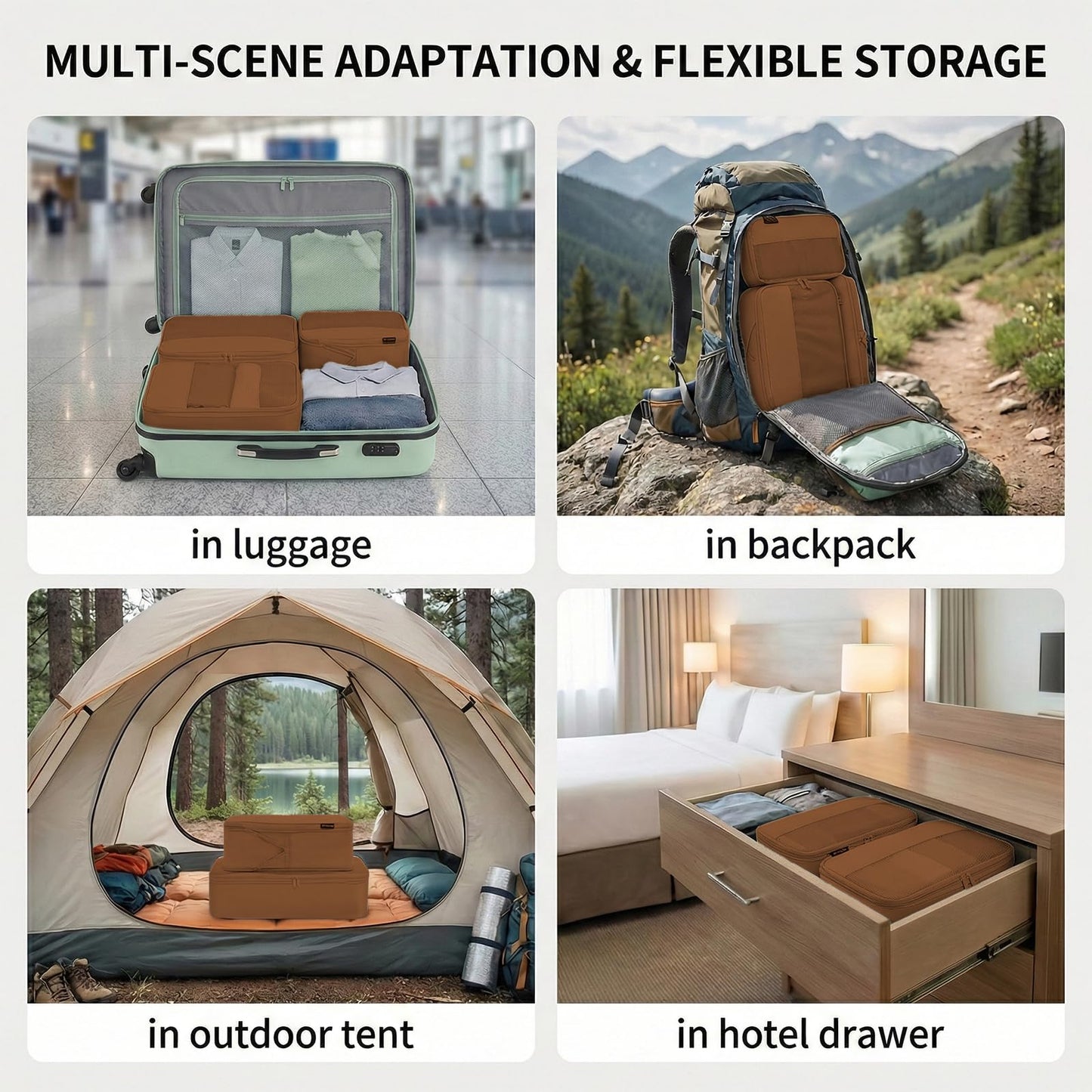SOARSAIL 4 Piece Compression Packing Cubes for 3–7 Day Travel, Lightweight Travel Organizers with Breathable Mesh, Double-Zipper Packing Cubes for Carry-On & Suitcases (Light Brown)