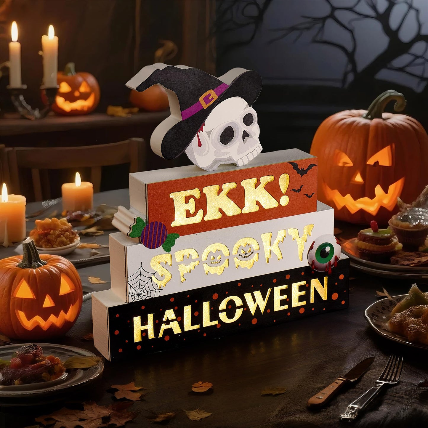 BlcTec Halloween Decorations Indoor 9.4" 4-Tier Wooden Block Set with Glowing 3D Letters, Skull Topper, Battery Operated Spooky Halloween Décor Built-in Timer for Home, Mantle, Shelf, Table Decor