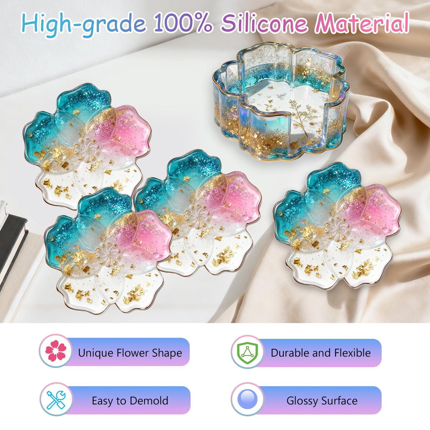 Panamalar Silicone Coaster Resin Molds, 5PCS Flower Coaster Molds with Holder Mold for Epoxy Resin, Coaster Tray Resin Casting Molds for DIY Art Craft Home Decoration Table Wine Cup Mat