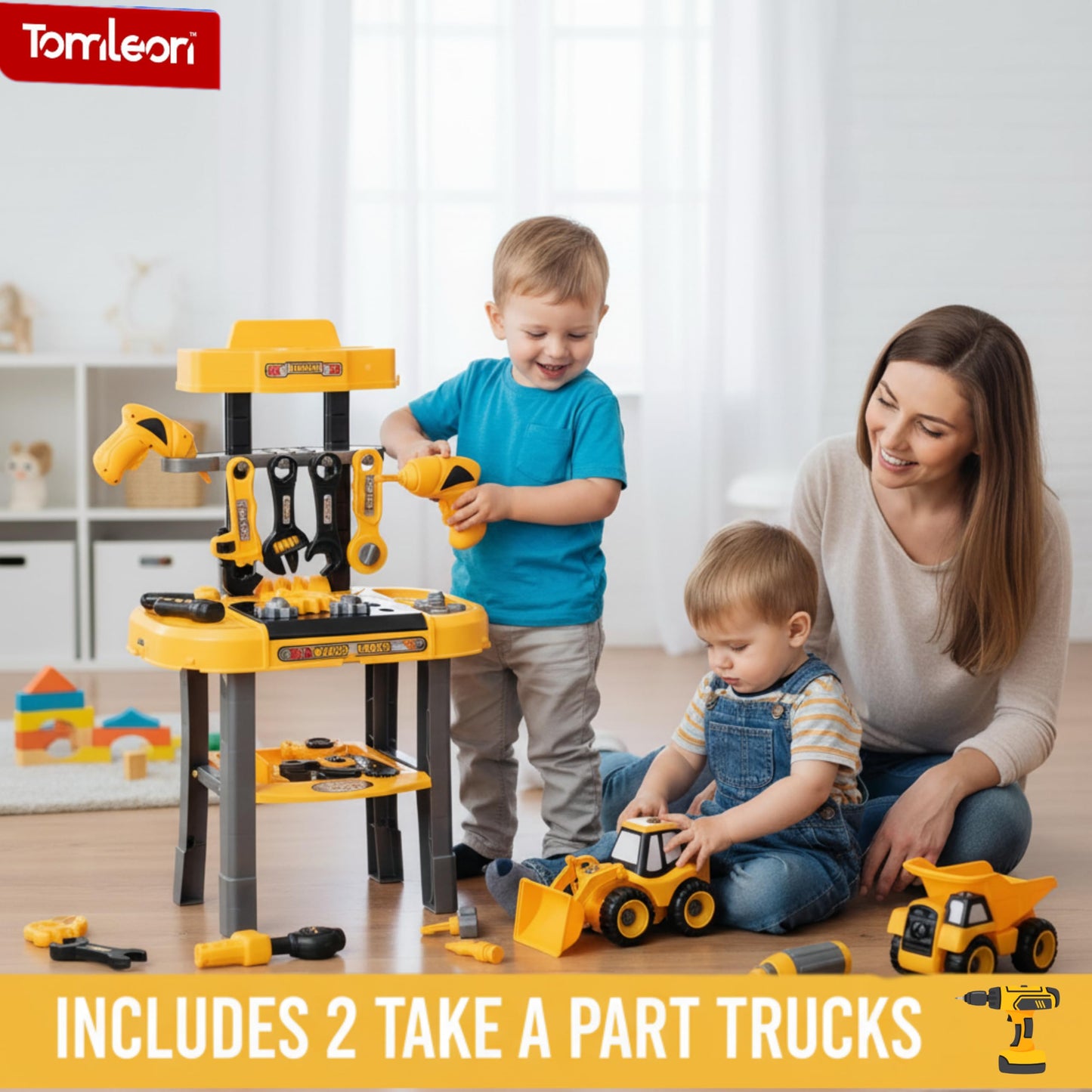 Toddler Workbench & Tool Set with Battery-Operated Drill - Includes 2 Big Take-Apart Trucks & Realistic Tools, Construction Tool-Bench Toy for Kids 3-5, Toolbox Gift for Boys 3 4 5 Years Old