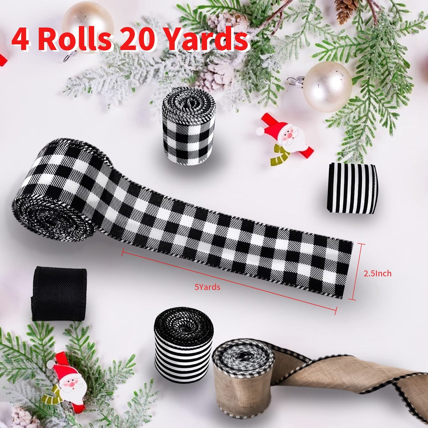 MuRealy Wreath Ribbon Assortment (4 Rolls x 20 Yards) - 2.5 Inch Wired Polyester | Black Stripes, Classic Plaid & Dots - Shedding-Free for Crafts, Gifts, Holiday Decor