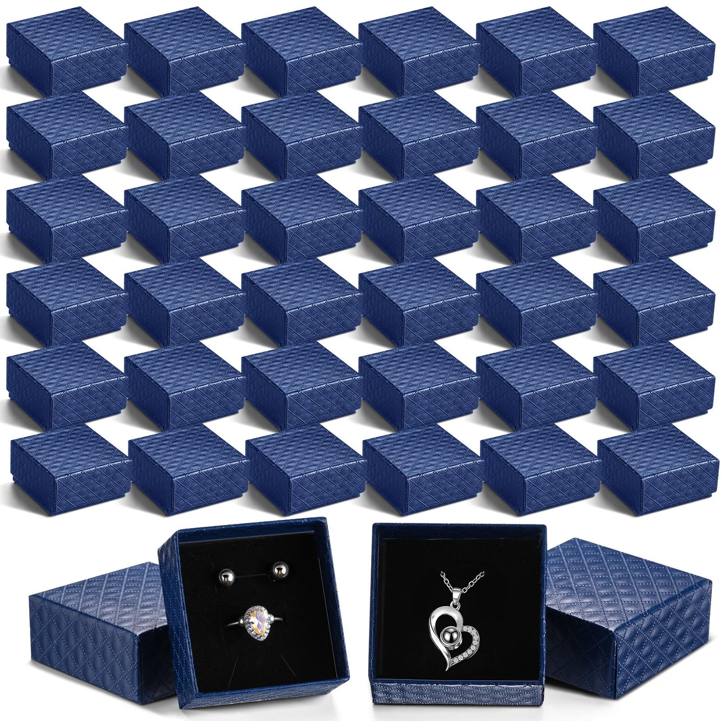 Landical 100 Pcs Jewelry Ring Gift Box 2'' x 2'' x 1'' Small Cardboard Earring Ring Gift Box with Velvet and Sponge Liner Pendant Case Bulk for Necklace Bracelet Earring Display Wedding(Dark Blue)