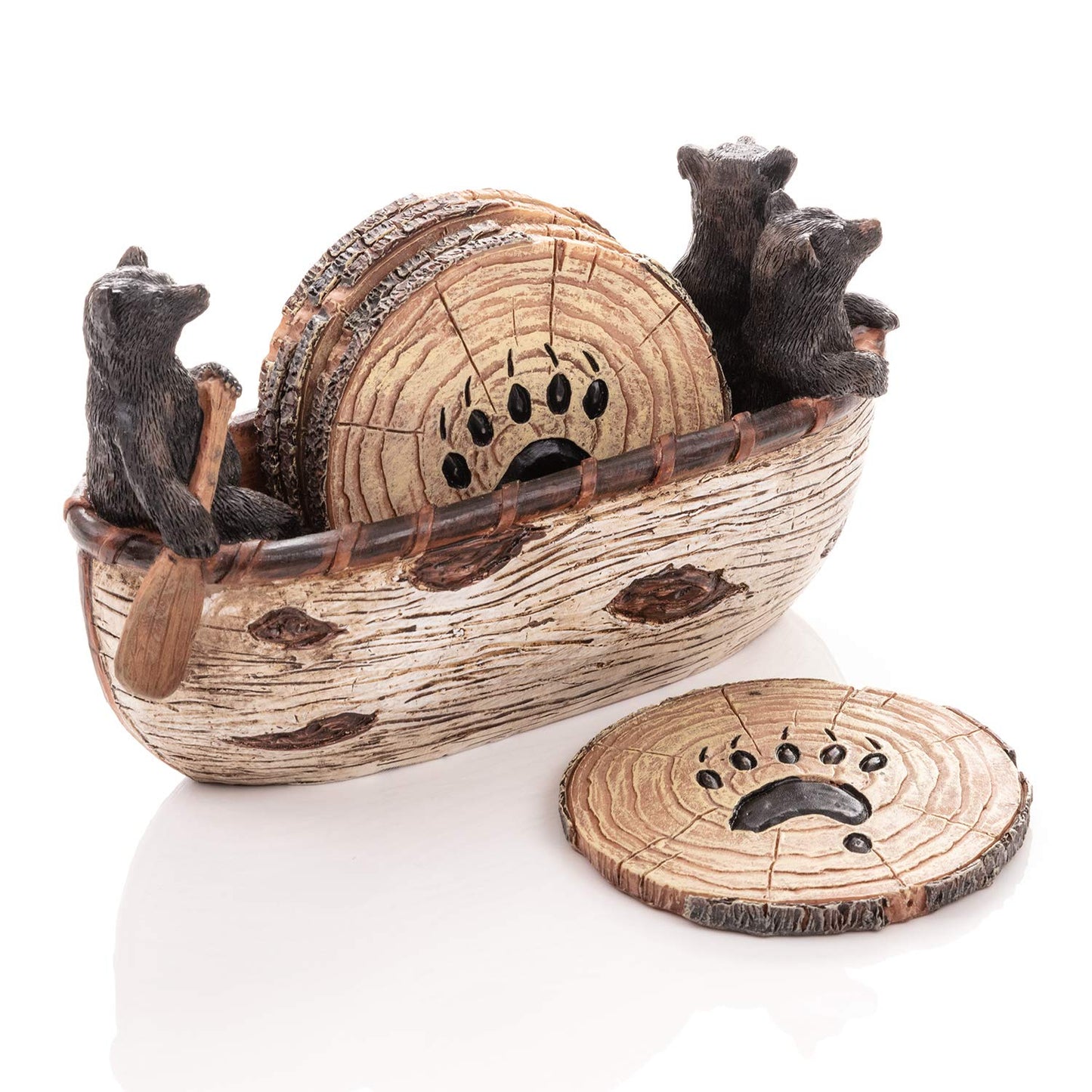 Cabin Obsession Bear Coasters - Set of 6 Full Size Rustic Coasters in Handmade Canoe with Adorable Black Bear Figurines - Log Cabin Decorations, Rustic Lodge Decor for The Home