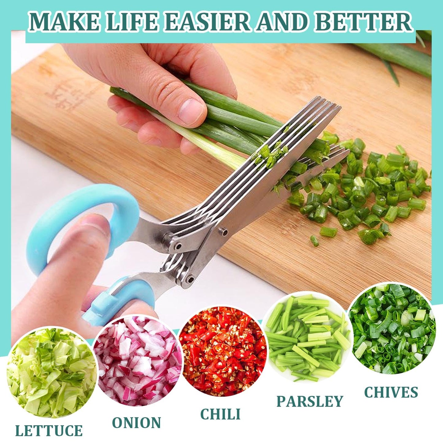 Lainballow Garlic Press & Herb Scissors Set, 6 Pcs Kitchen Gadgets With Garlic Mincer & Kitchen Scissors for Herbs, Professional 5-Blade Kitchen Shears Garlic Press Tool Silicone Garlic Peeler & Brush