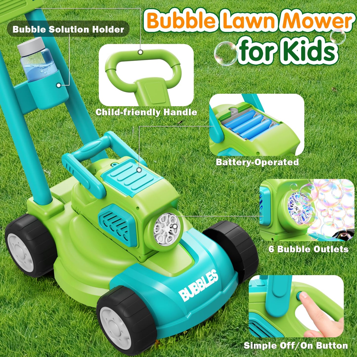 Bubble Lawn Mower for Kids, 3-in-1 Bubble Machine Blower with 10 Bubble Solution, Outdoor Push Toys for Toddlers Ages 3-8, Birthday Easter Summer Gift for Boys Girls 3 4 5 6 7 8 Year Old