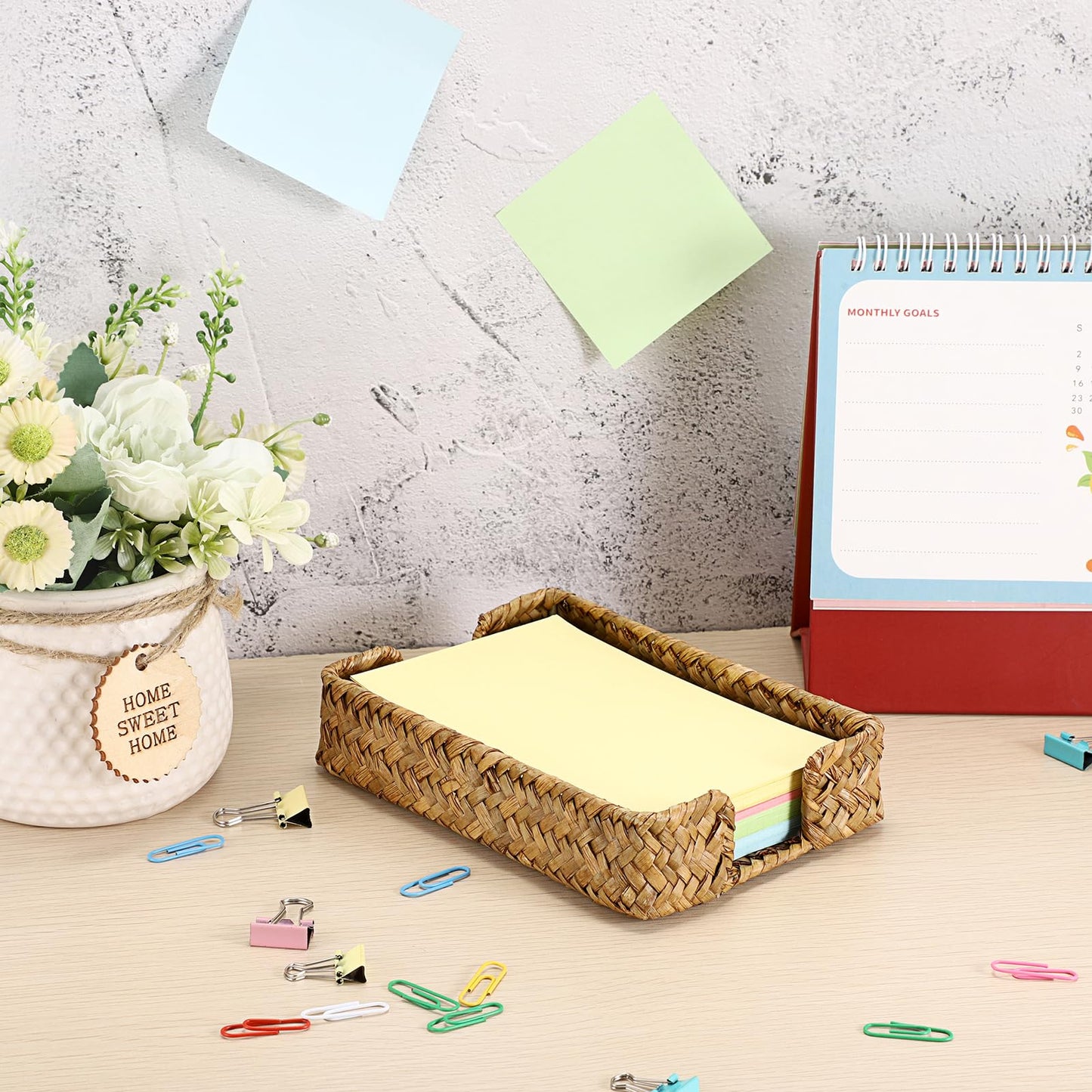 BTSKY Handwoven Sticky Note Holder for 4x6 Inch Sticky Notes, Seagrass Post It Note Dispenser, Rustic Notepad Holder, Notes Storage Container for Desk Organization Planning, Home Office, Caramel