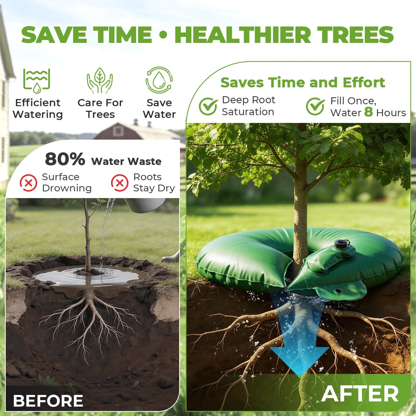 HIRALIY 20 Gallon Tree Watering Bag, 4 Pack Watering Ring, Slow Release 1-5 Days, Deep Root & Automatic Drip Irrigation System, for Multi-Trunk Newly Planted Small Trees and Shrubs