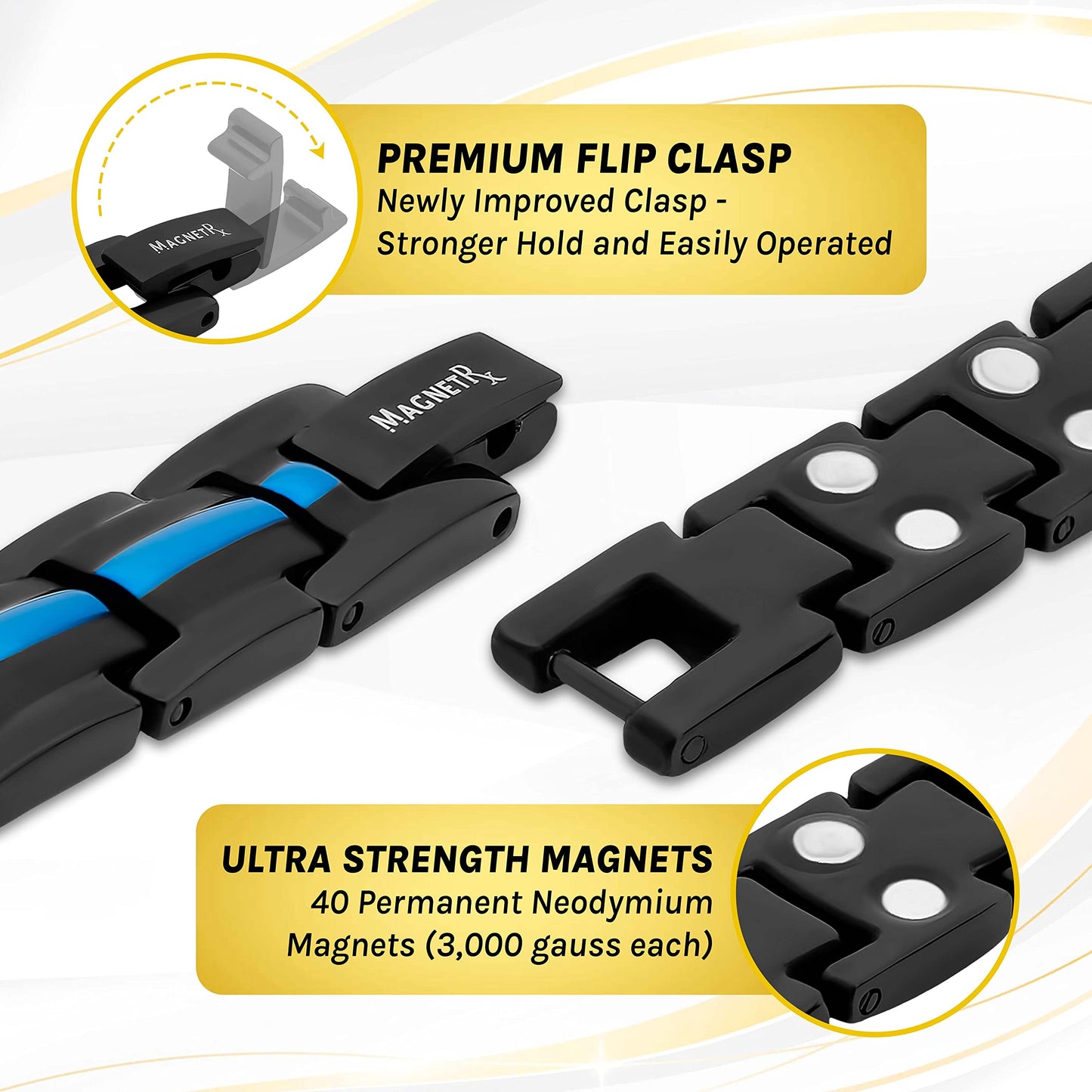 MagnetRX® Thin Blue Line Bracelet for Women - Ultra Strength Magnetic Titanium Bracelets - Adjustable Length & Sizing Tool - Police Support Black and Blue Bracelet (Blue Line)