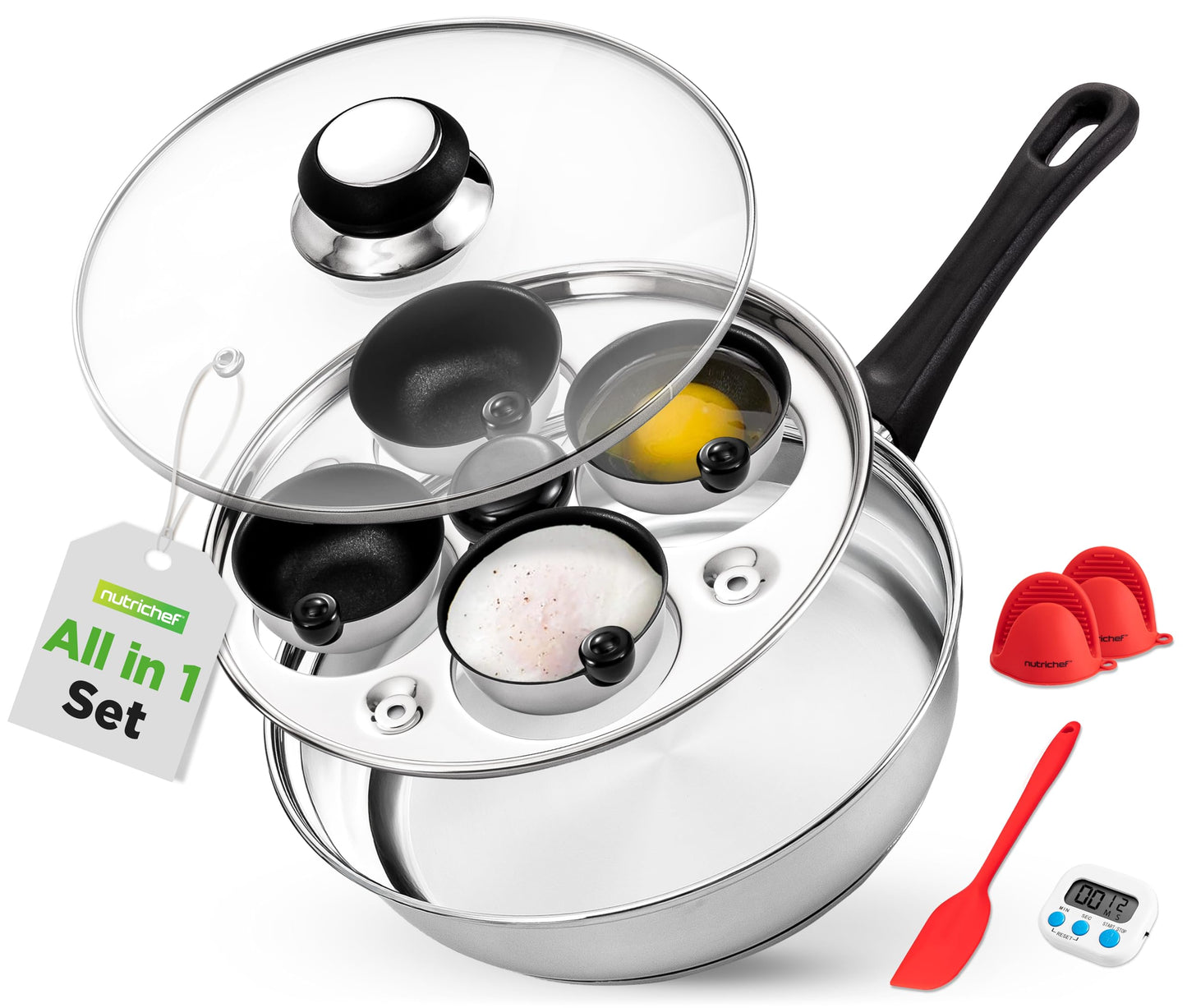 NutriChef Egg Poacher Pan Set - 7.87” Stainless Steel Poached Egg Cooker with 4 Non-Stick Poaching Cups, Glass Lid, Timer, Oven Mitt, and Spatula for Perfect Poached Eggs, Induction Compatible, Silver