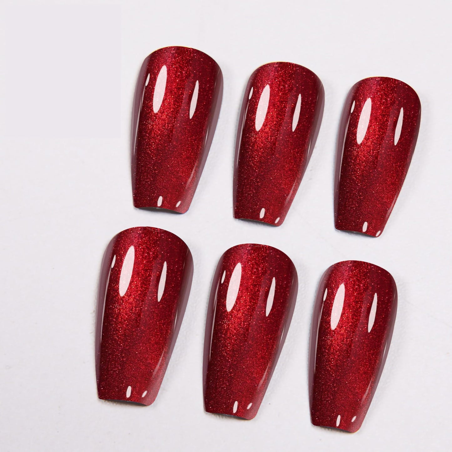 Rimudecure 24 Pieces Handmade Red Cat Eye Press On Nails Long Coffin Fake Nails Handmade with Toughened Sealer High Texture High Gloss Fake Nails