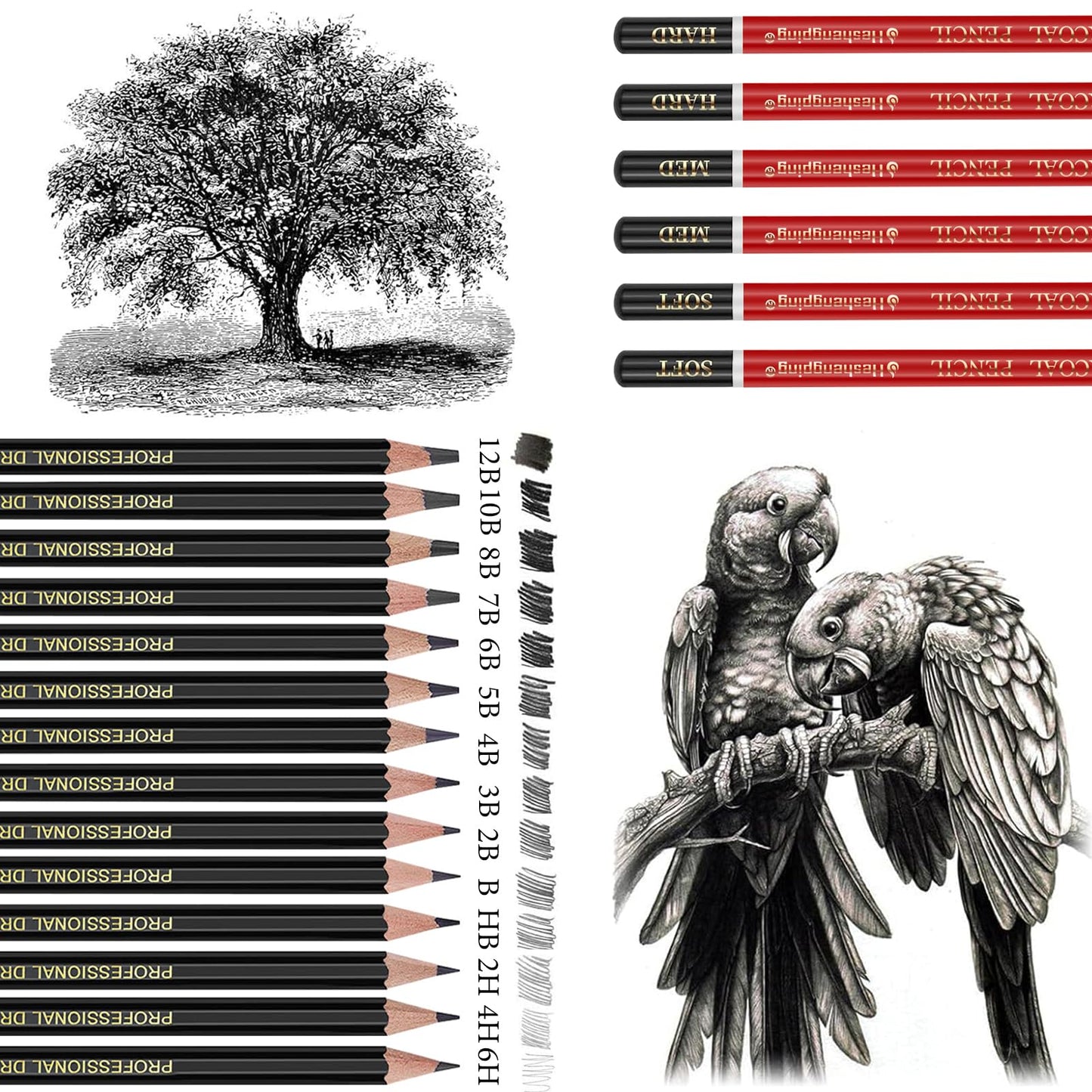 Heshengping Drawing Pencils Sketch Pencil Art Supplies Set for Adults beginners Professional Sketching Art Graphite Charcoal Blending Stump Pencils kit
