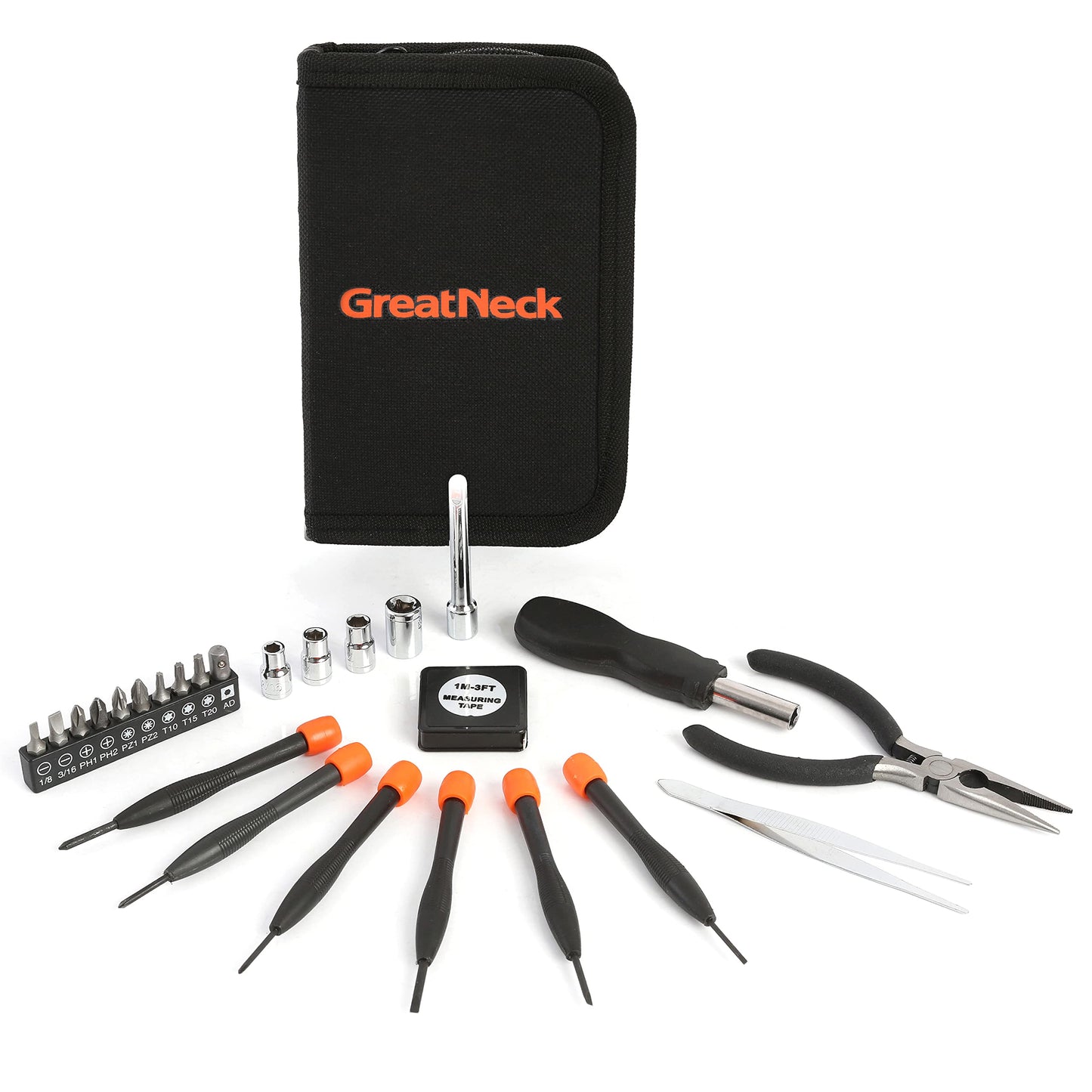 GreatNeck Mini Tool Set for Home Repair and Maintenance, 26 Pc Tool Kit with Zip Case, Mini Pliers, Precision Screwdrivers, Bits, Sockets, 3 ft Tape Measure for Household Use