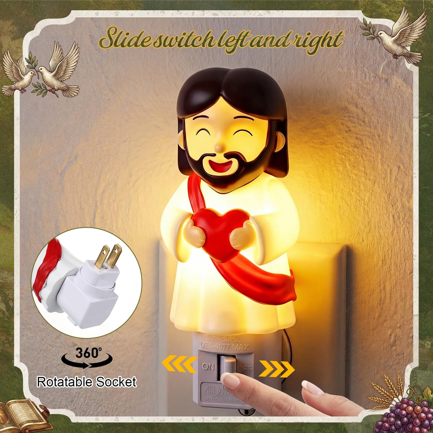 Lewtemi Easter Jesus Night Light Plug into Wall, Cute Christian Nightlight with 360° Rotatable Warm Lamp, Smiling Decor for Bedroom, Hallway & Uplifting Religious Gift(Red,Jesus)